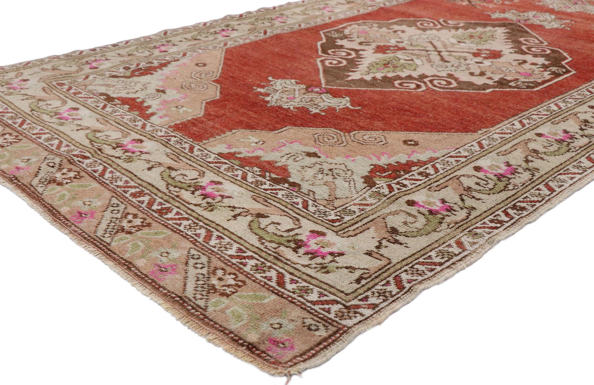 52758, vintage Turkish Oushak runner with Manor House Tudor style. With its warm, rich colors and ornate detailing, this hand knotted wool vintage Turkish Oushak runner is well-balanced and poised to impress. Three large scale medallions patterned
