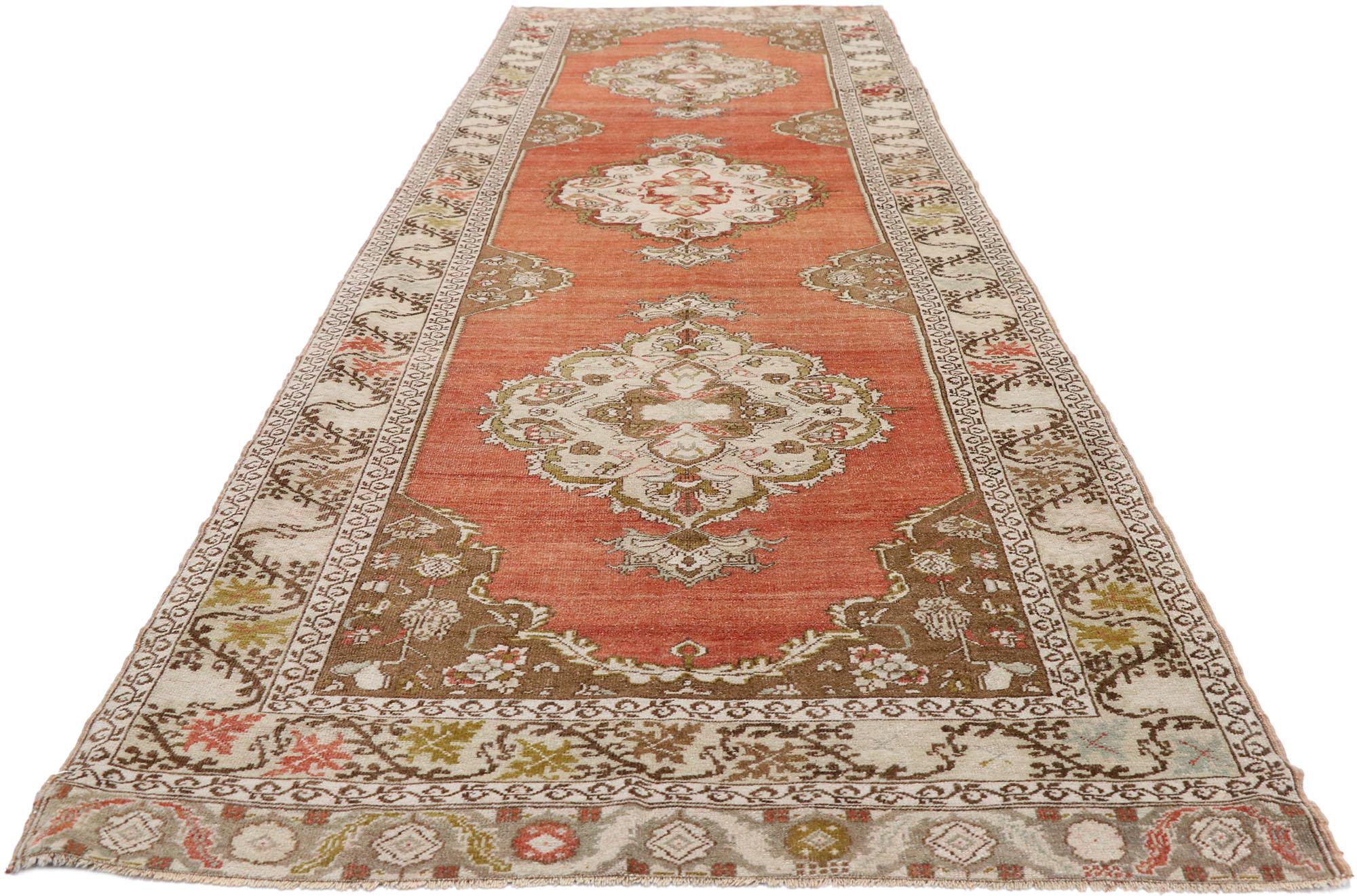 Hand-Knotted Vintage Turkish Oushak Runner with Manor House Tudor Style For Sale