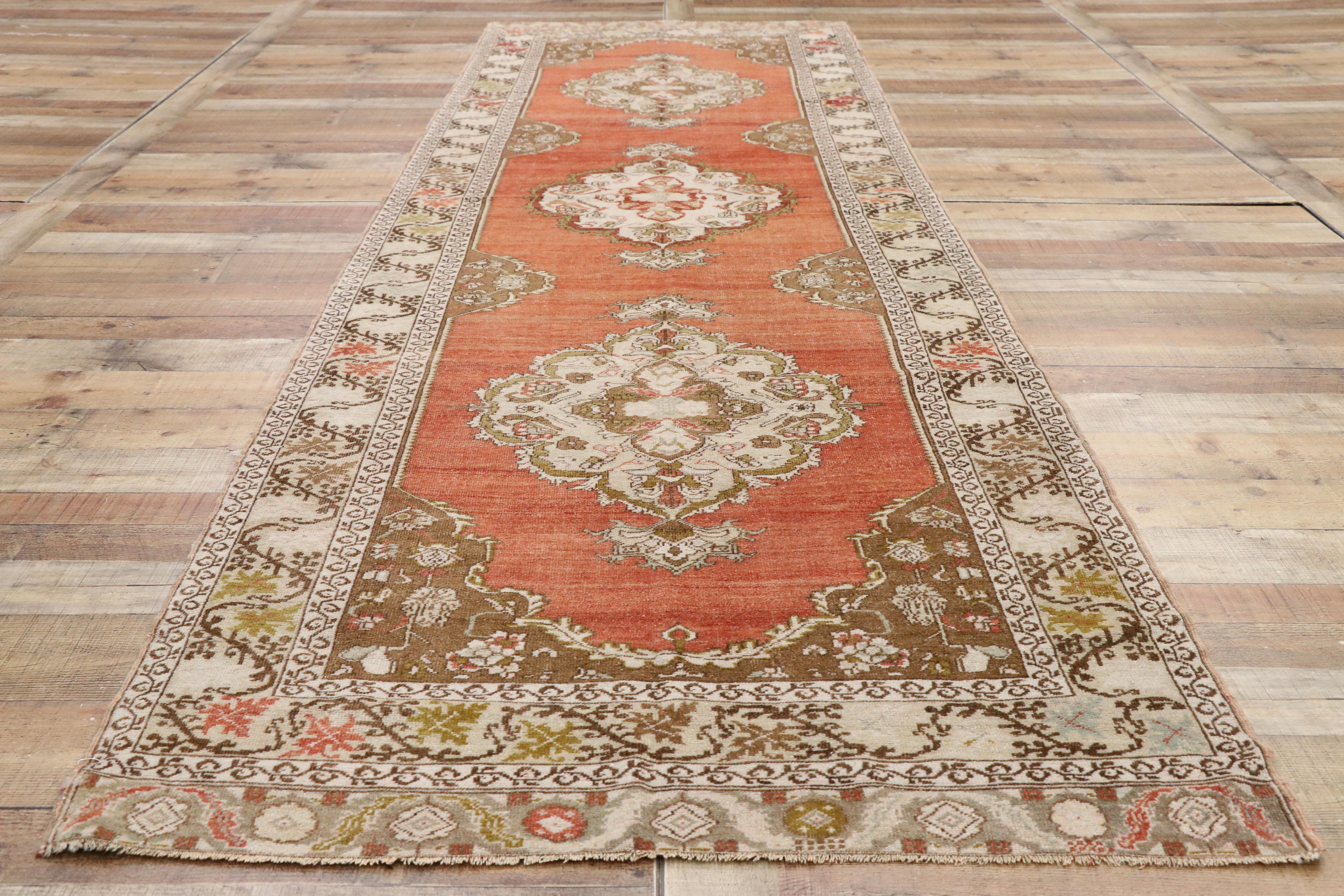 Vintage Turkish Oushak Runner with Manor House Tudor Style For Sale 1