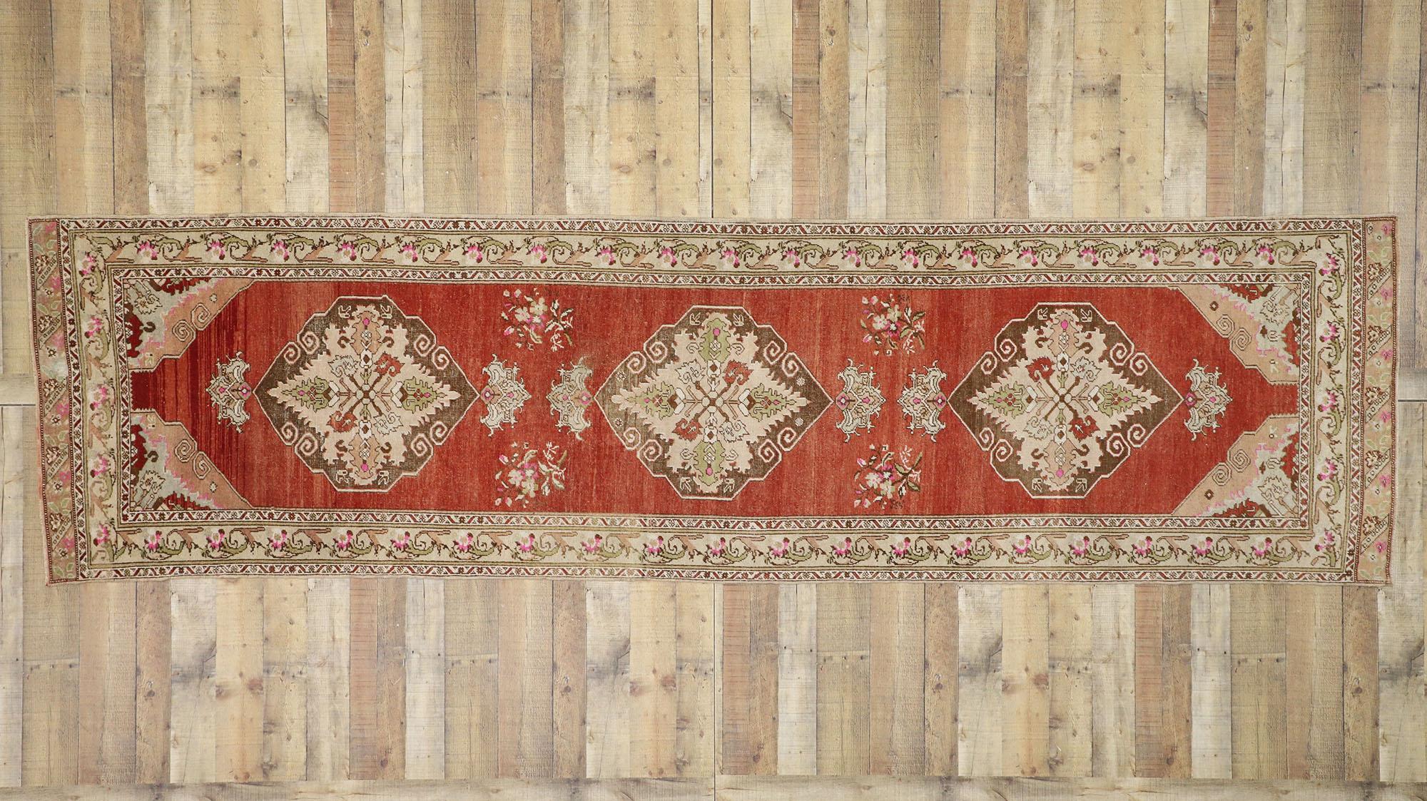 Vintage Turkish Oushak Runner with Manor House Tudor Style For Sale 2