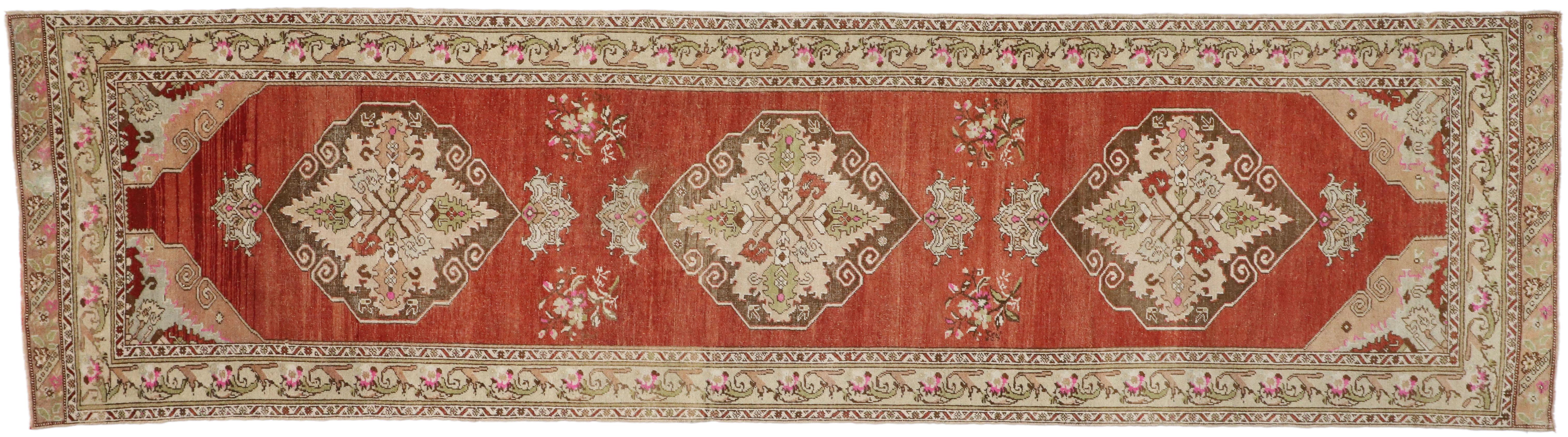 Vintage Turkish Oushak Runner with Manor House Tudor Style For Sale 3