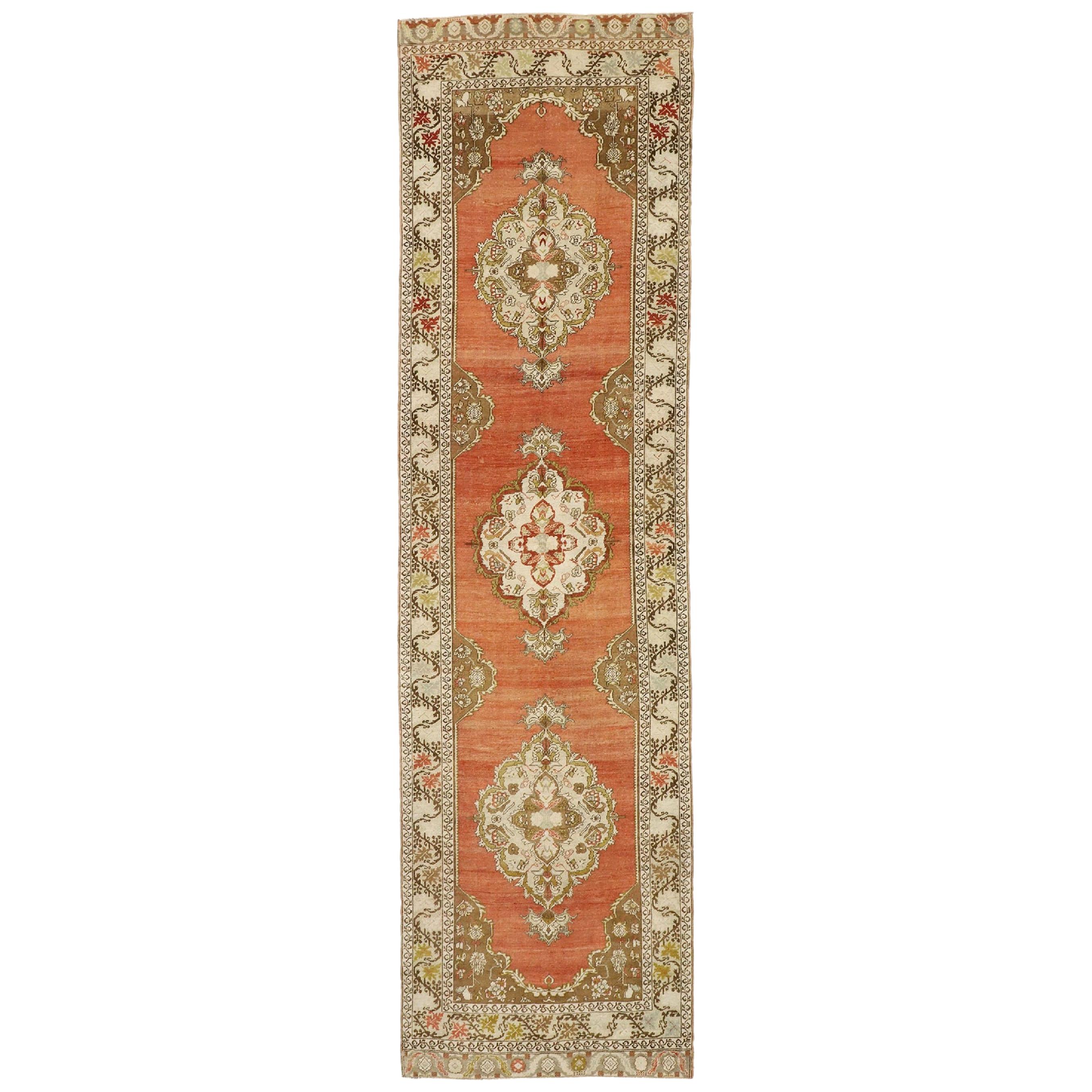 Vintage Turkish Oushak Runner with Manor House Tudor Style For Sale