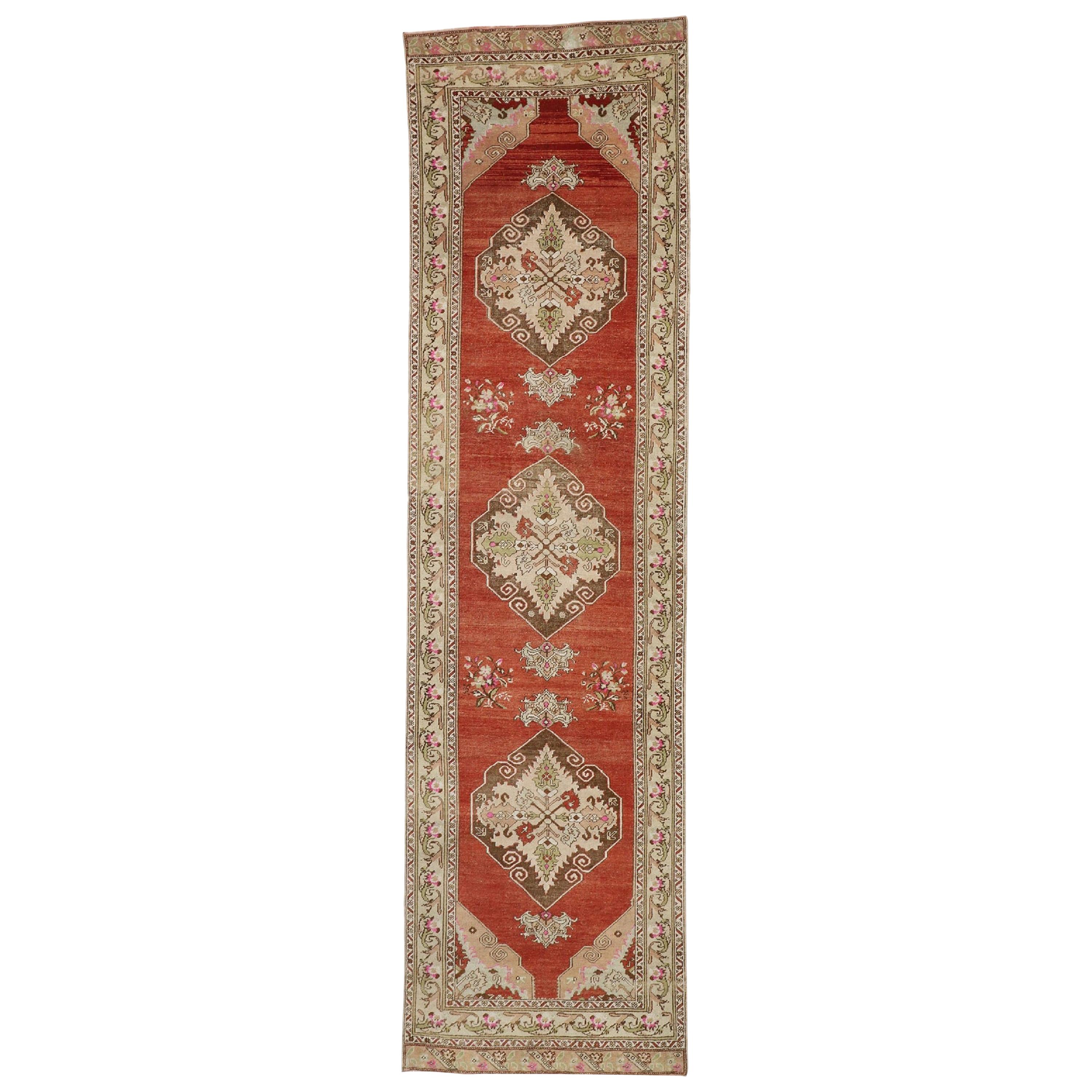 Vintage Turkish Oushak Runner with Manor House Tudor Style For Sale