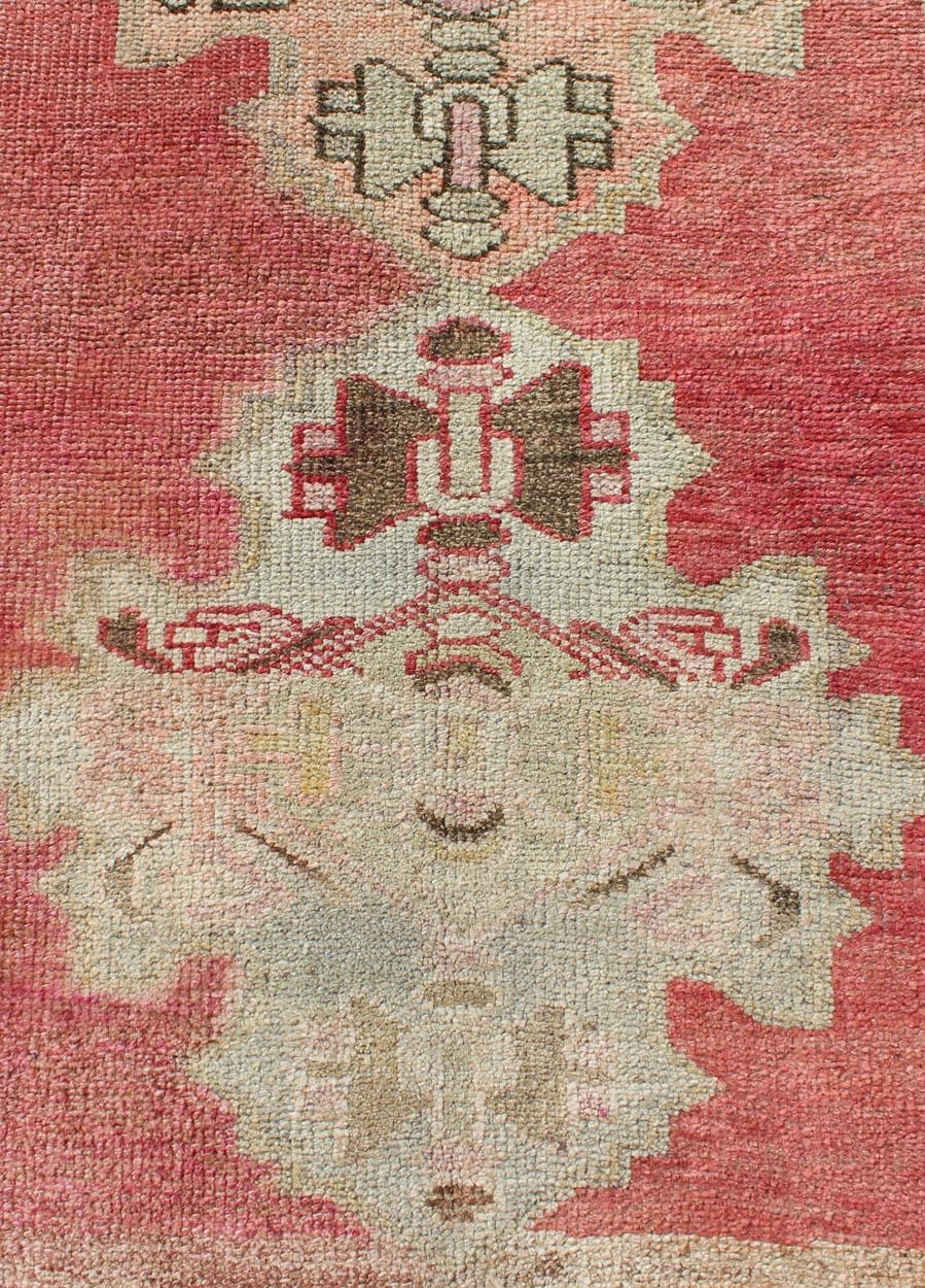 Wool Vintage Turkish Oushak Runner with Medallion Design in Pink, Light Green & Taupe For Sale