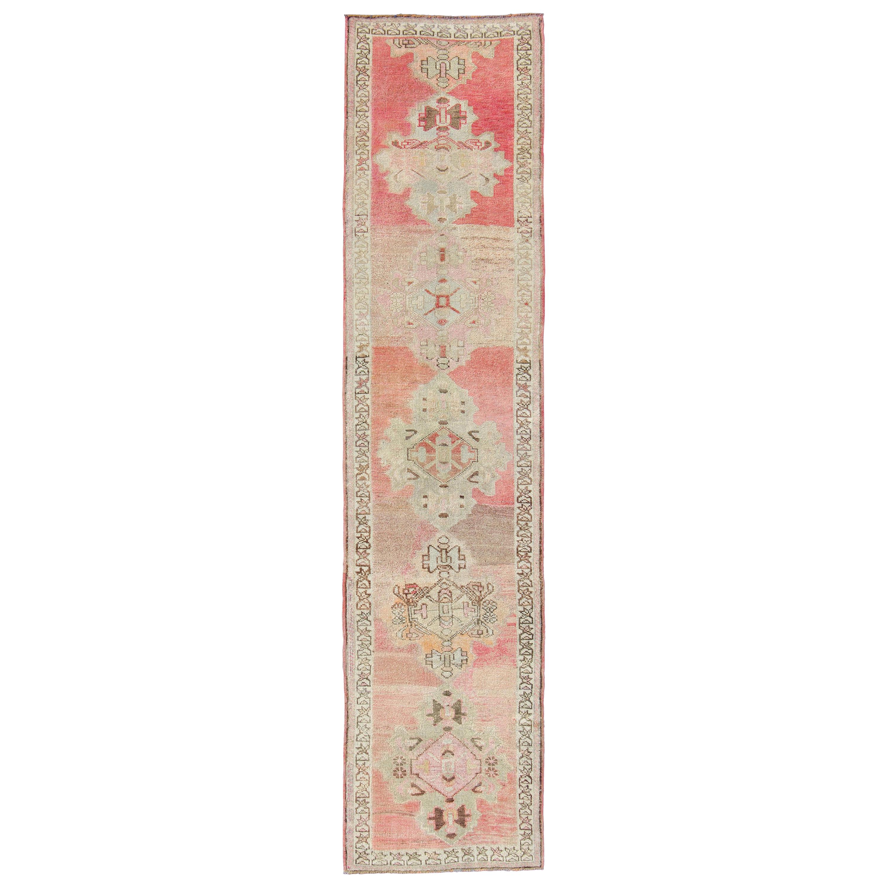 Vintage Turkish Oushak Runner with Medallion Design in Pink, Light Green & Taupe