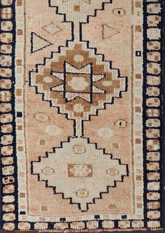 Vintage Turkish Oushak Runner with Medallion Design Outlined in Navy Blue