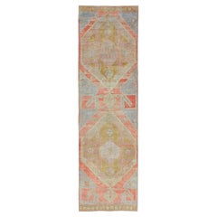 Vintage Turkish Oushak Runner with Medallions in Acid Green, Blue, Red and Green
