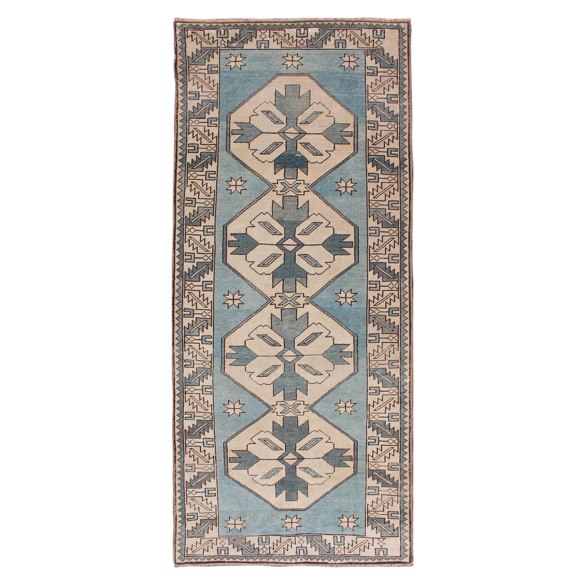 Vintage Turkish Oushak Runner with Medallions in Blue Colors and Beige