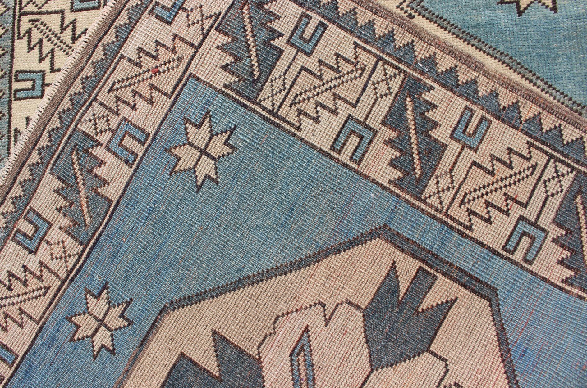 Vintage Turkish Oushak Runner with Medallions in Blue Colors and Beige 4