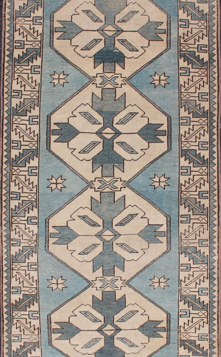 Hand-Knotted Vintage Turkish Oushak Runner with Medallions in Blue Colors and Beige