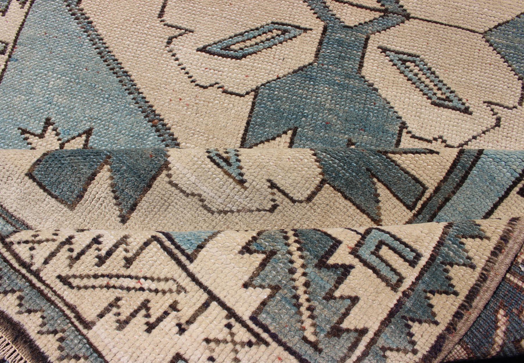 Mid-20th Century Vintage Turkish Oushak Runner with Medallions in Blue Colors and Beige