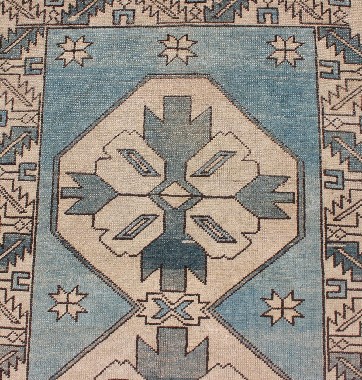 Wool Vintage Turkish Oushak Runner with Medallions in Blue Colors and Beige