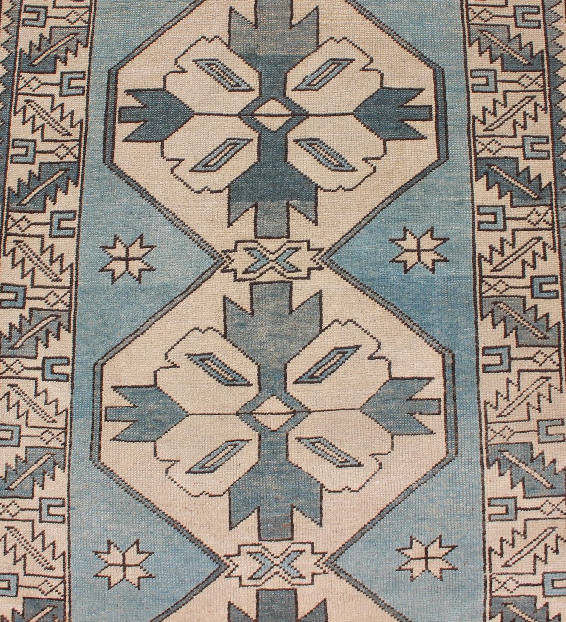 Vintage Turkish Oushak Runner with Medallions in Blue Colors and Beige 1