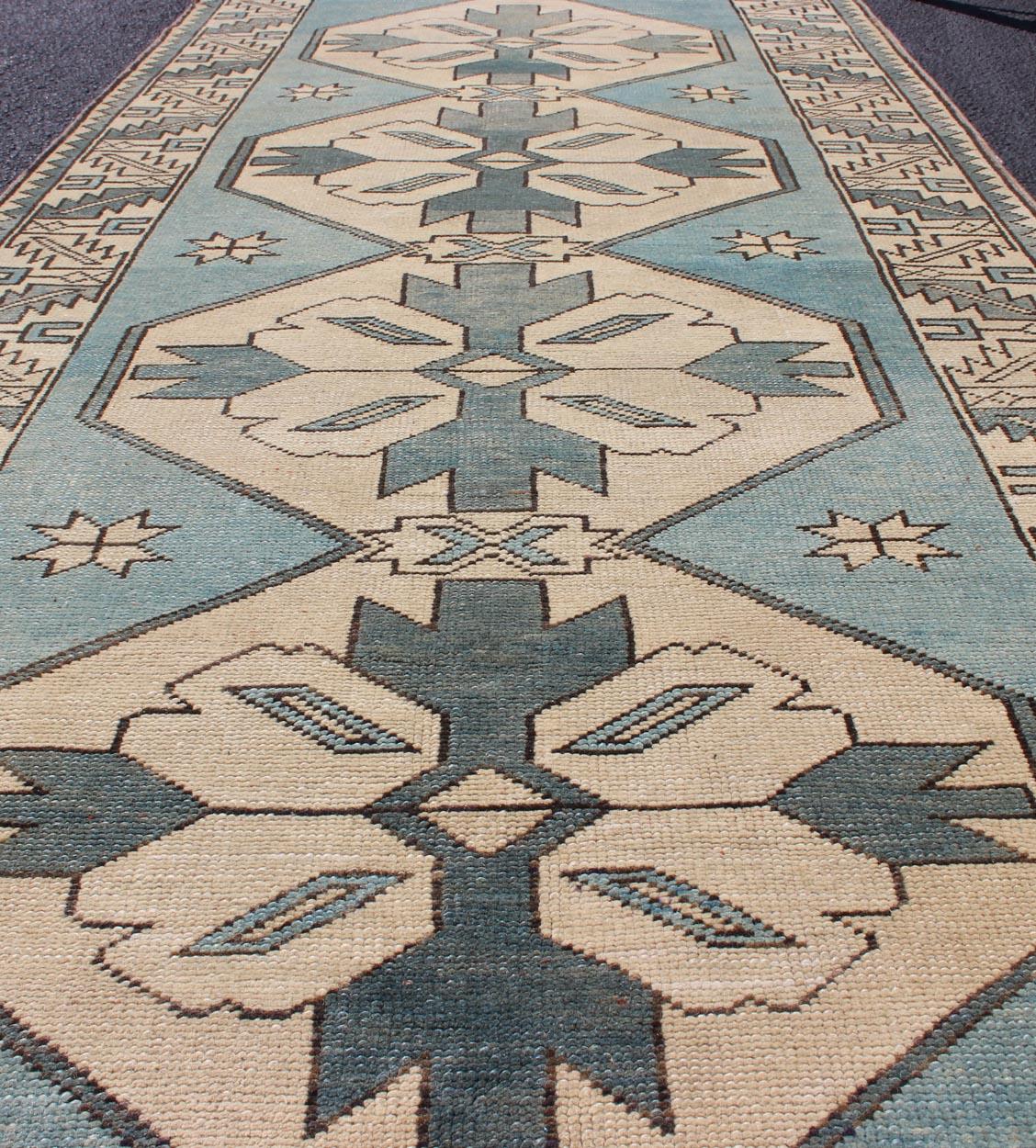 Vintage Turkish Oushak Runner with Medallions in Blue Colors and Beige 2