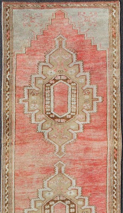 Vintage Turkish Oushak Runner in Soft Red, Light camel, light blue, Brown