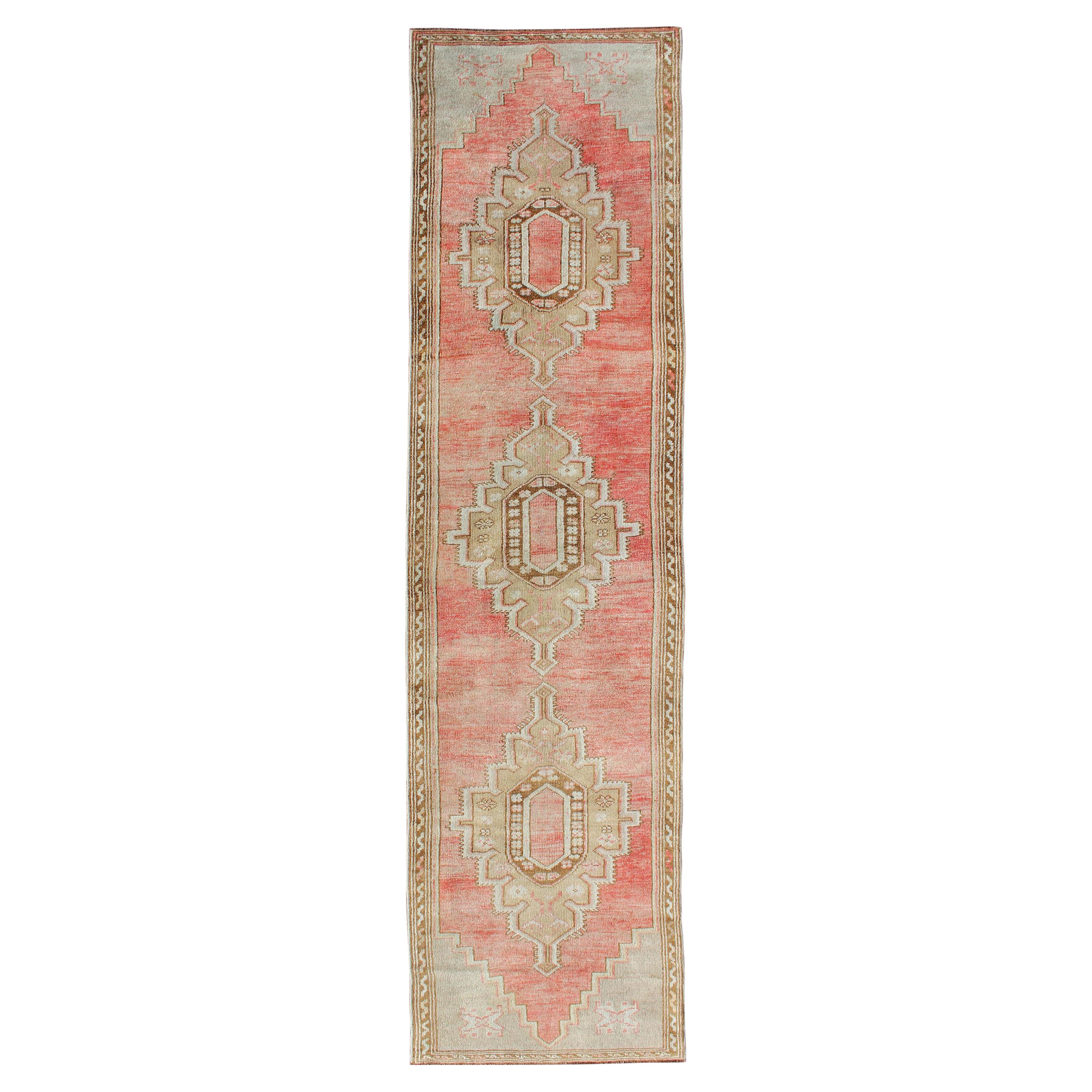 Vintage Turkish Oushak Runner in Soft Red, Light camel, light blue, Brown