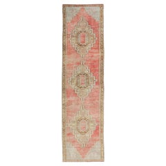 Retro Turkish Oushak Runner in Soft Red, Light camel, light blue, Brown