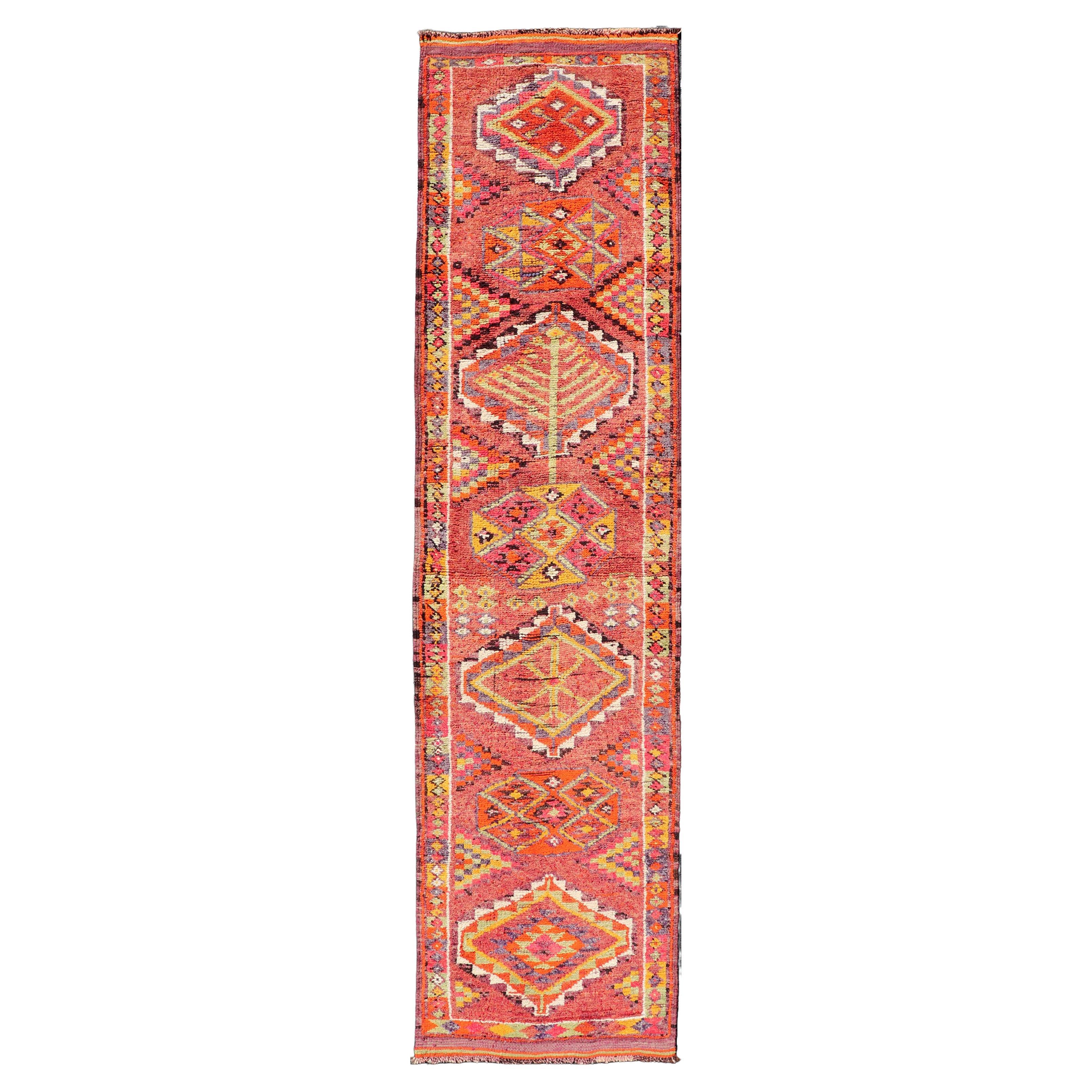 Vintage Turkish Oushak Runner With Medallions in Purple & Multi Colors 3' x12'10