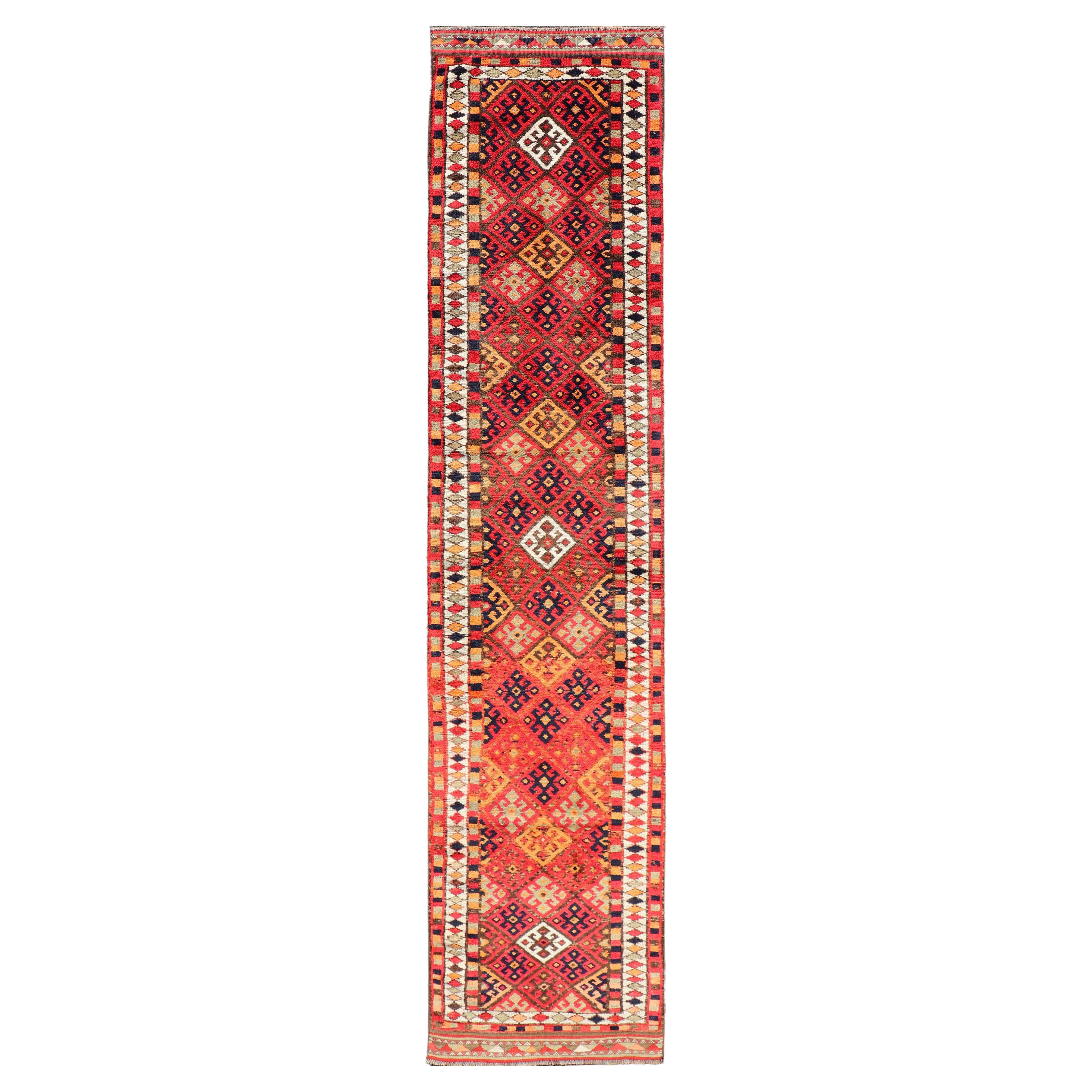 Vintage Turkish Oushak Runner With Medallions in Red & Multi Colors 2'10 x 14'