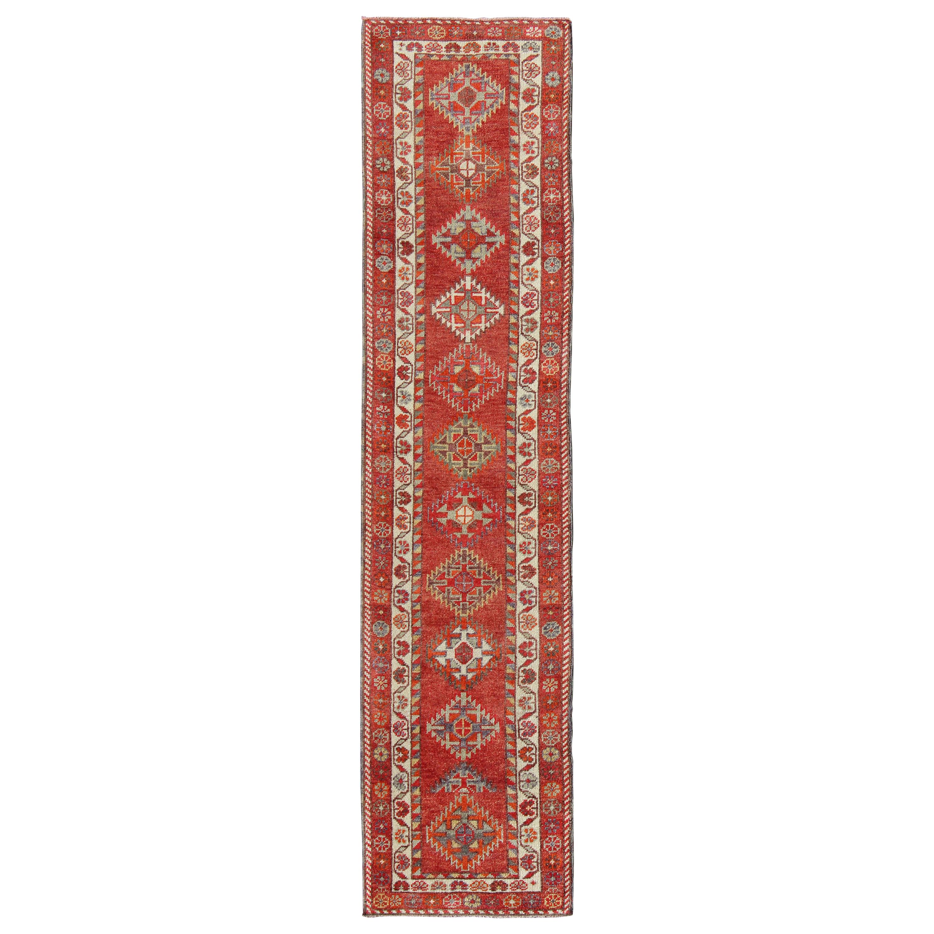Vintage Turkish Oushak Runner with Medallions in Rust Red and Multi Colors For Sale