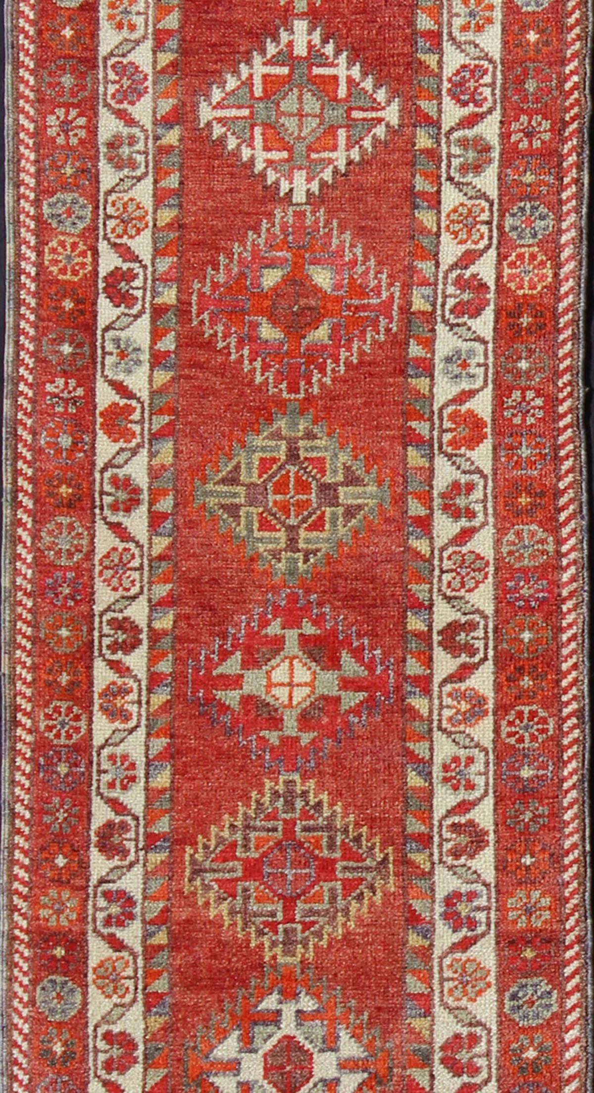 Hand-Knotted Vintage Turkish Oushak Runner with Medallions in Rust Red and Multi Colors For Sale
