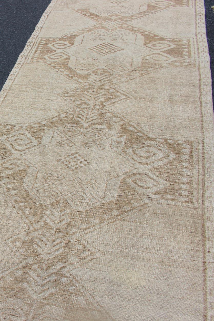 20th Century Vintage Turkish Oushak Runner with Medallions in Taupe, Tan, and Browns For Sale