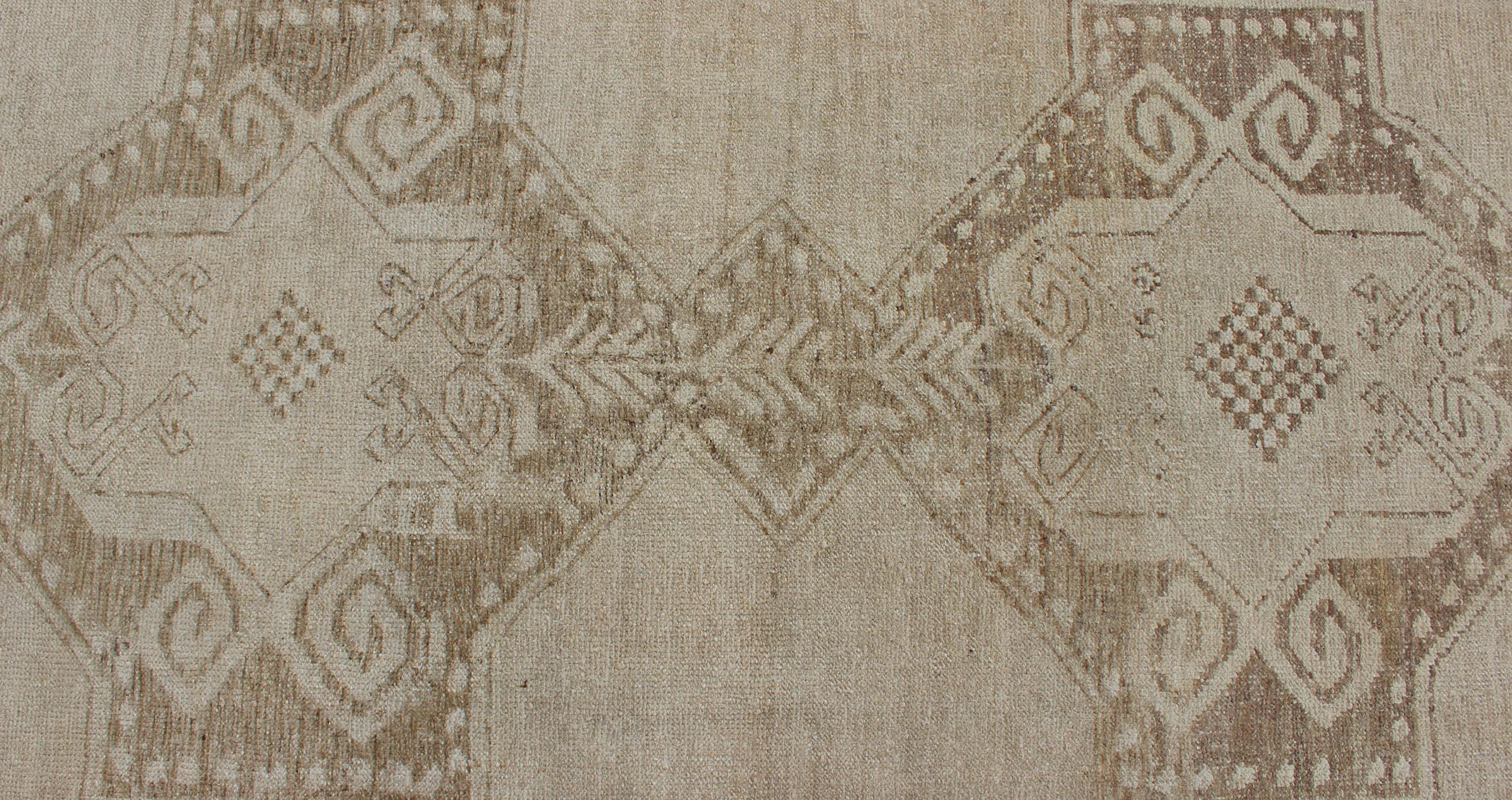Wool Vintage Turkish Oushak Runner with Medallions in Taupe, Tan, and Browns For Sale