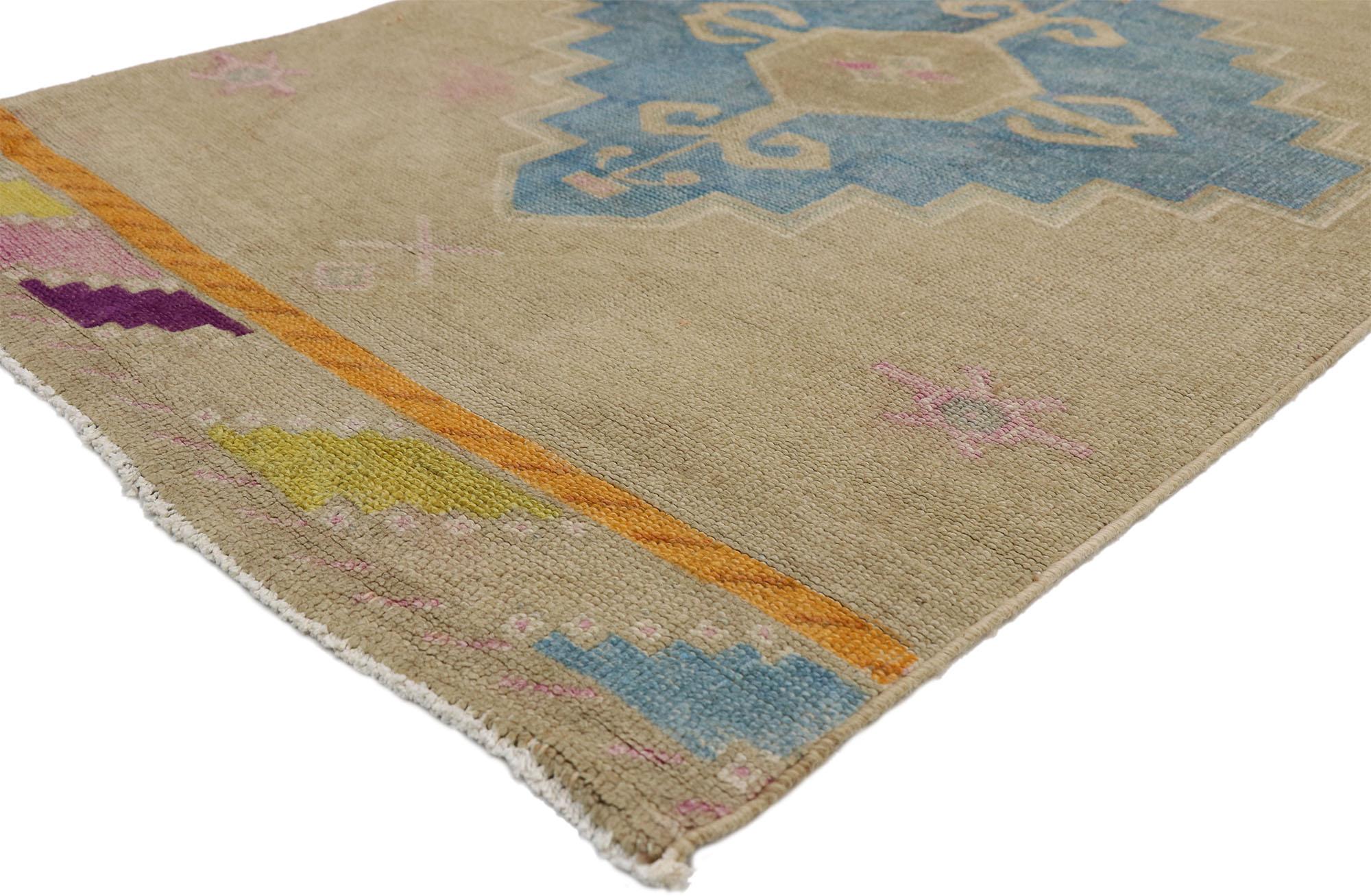 51841 Vintage Turkish Oushak Runner, 03’05 x 13’03. 
With a bold geometric form and retro flair, this hand knotted wool vintage Turkish Oushak runner astounds with its beauty. It features a geometric design composed of six stepped colorful amulets