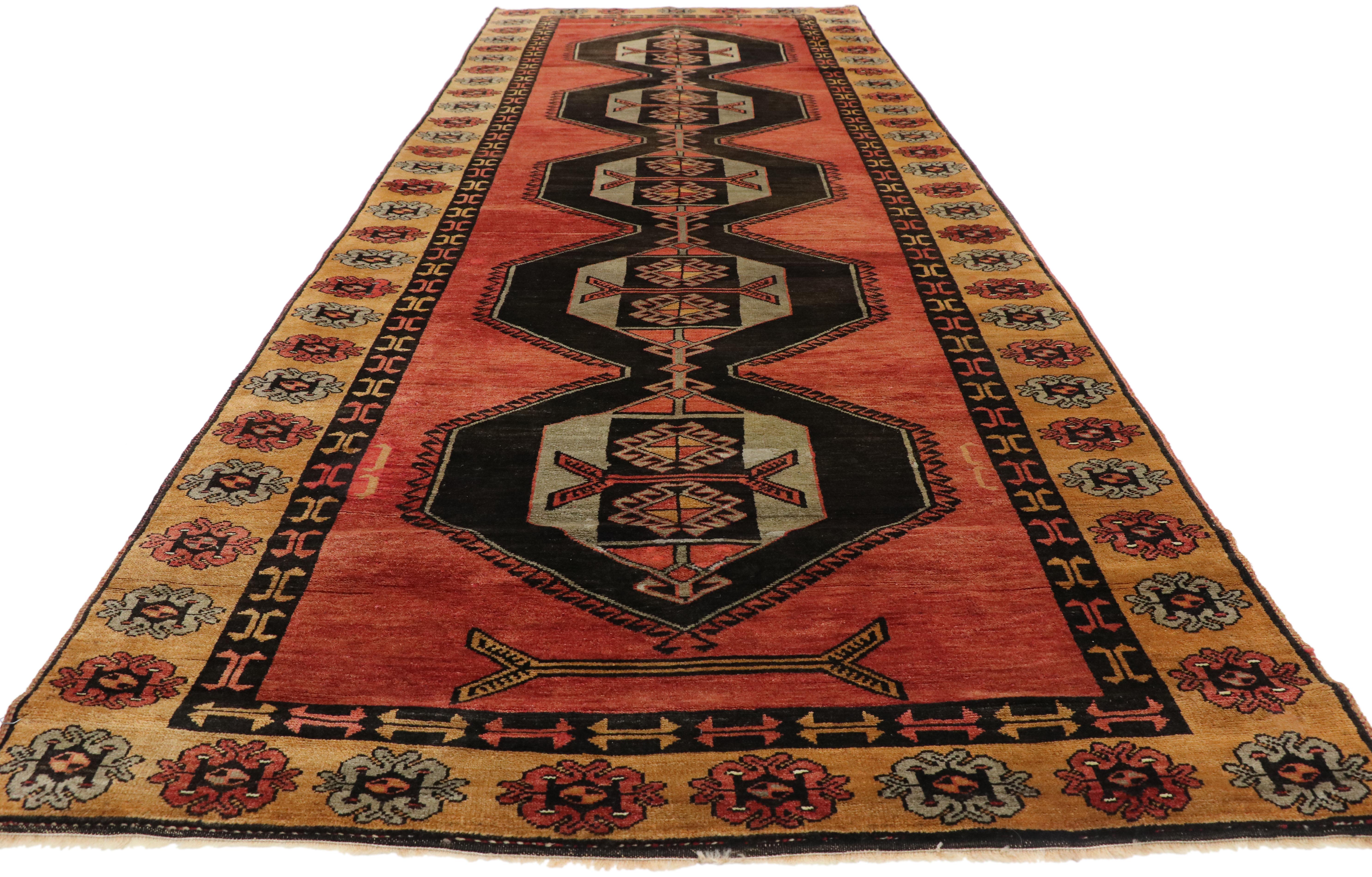 Hand-Knotted Vintage Turkish Oushak Runner with Mid-Century Modern and Art Deco Style