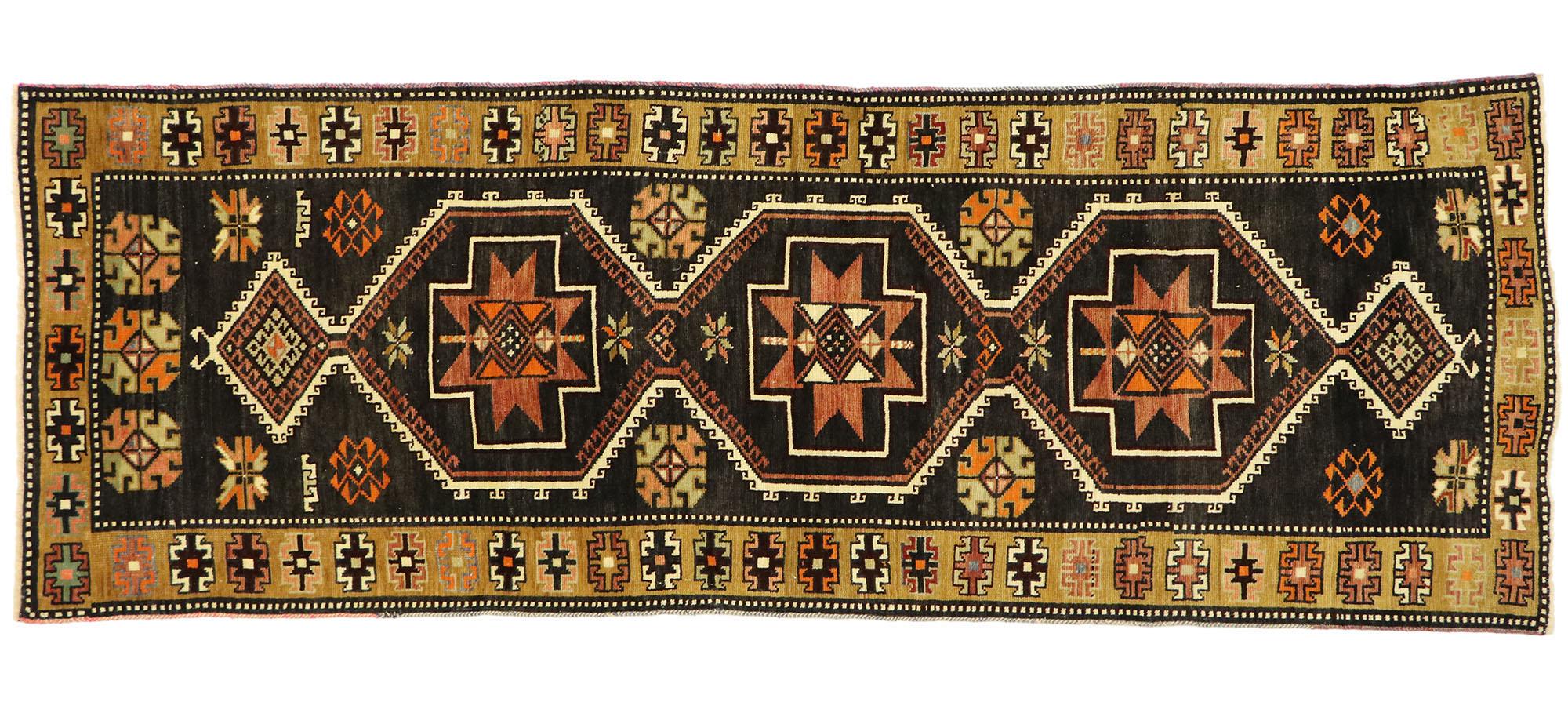76979 Vintage Turkish Oushak Runner with Mid-Century Modern Style 03'02 x 08'03. Full of character and stately presence, this vintage Turkish Oushak runner with Modern Tribal style showcases an extravagant geometric design. This Oushak runner is
