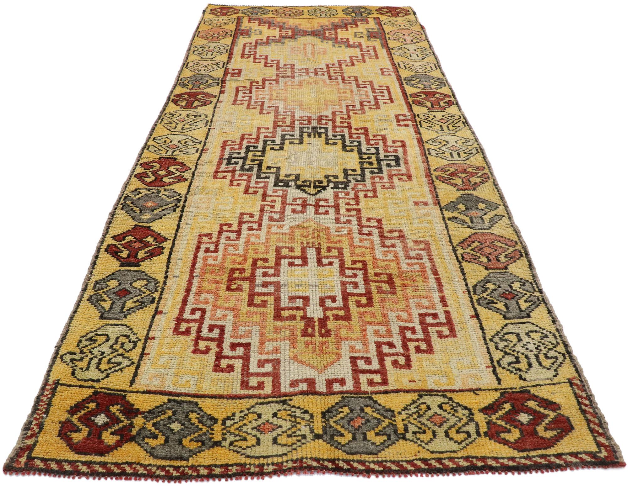 Vintage Turkish Oushak Runner with Mid-Century Modern Style In Good Condition For Sale In Dallas, TX