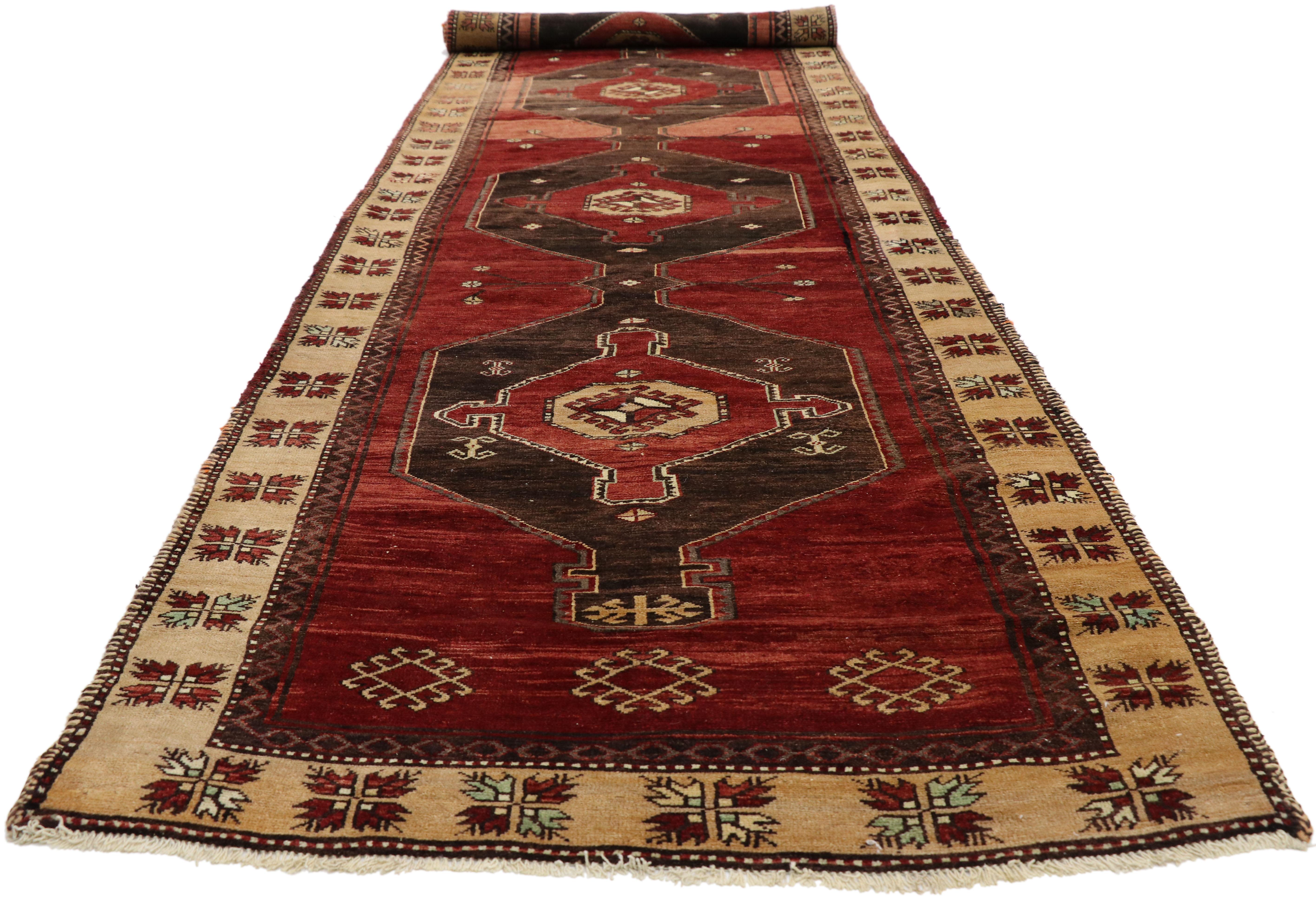 Hand-Knotted Vintage Turkish Oushak Runner with Mid-Century Modern Style, Hallway Long Runner For Sale