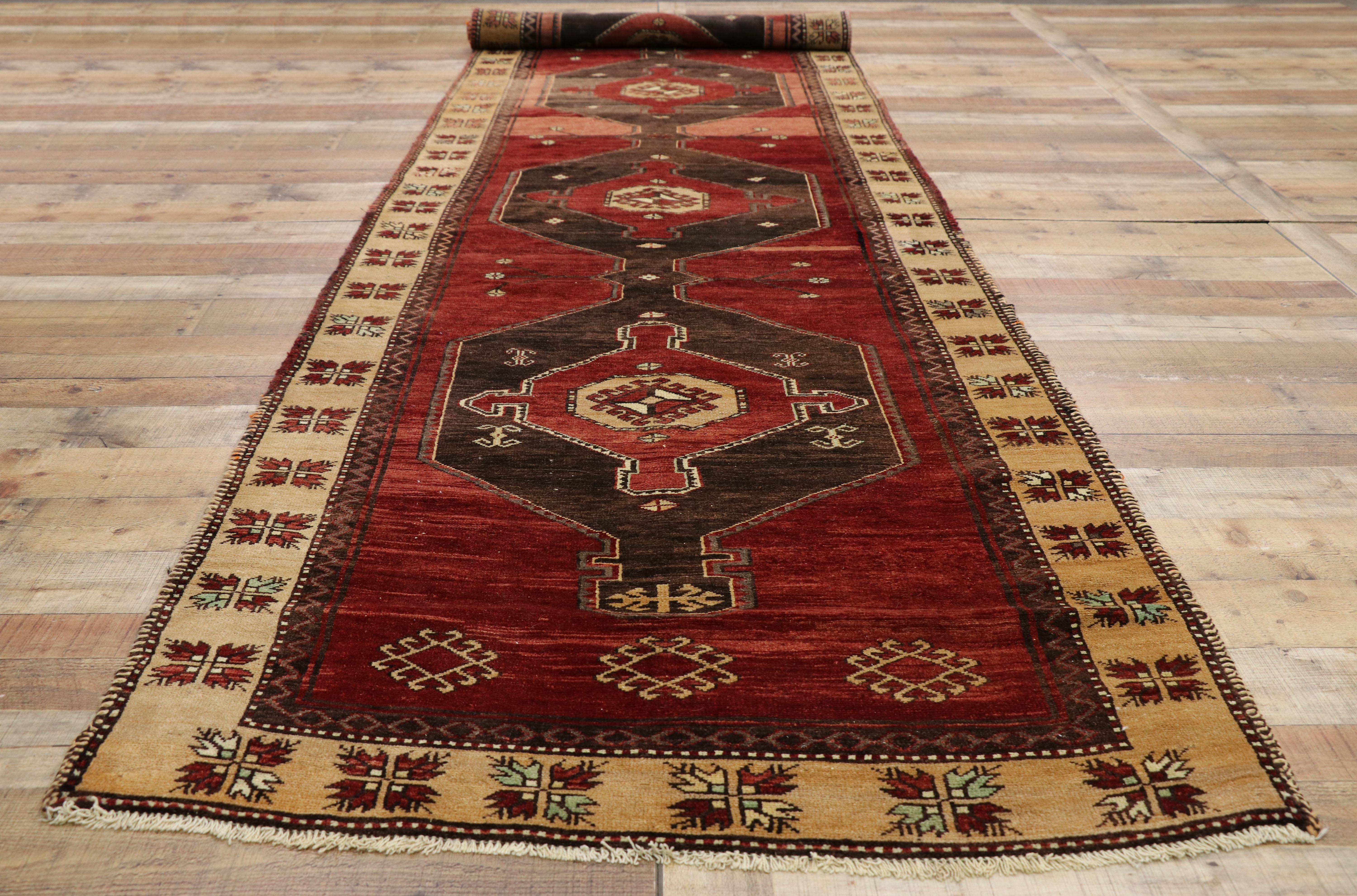 Vintage Turkish Oushak Runner with Mid-Century Modern Style, Hallway Long Runner For Sale 4