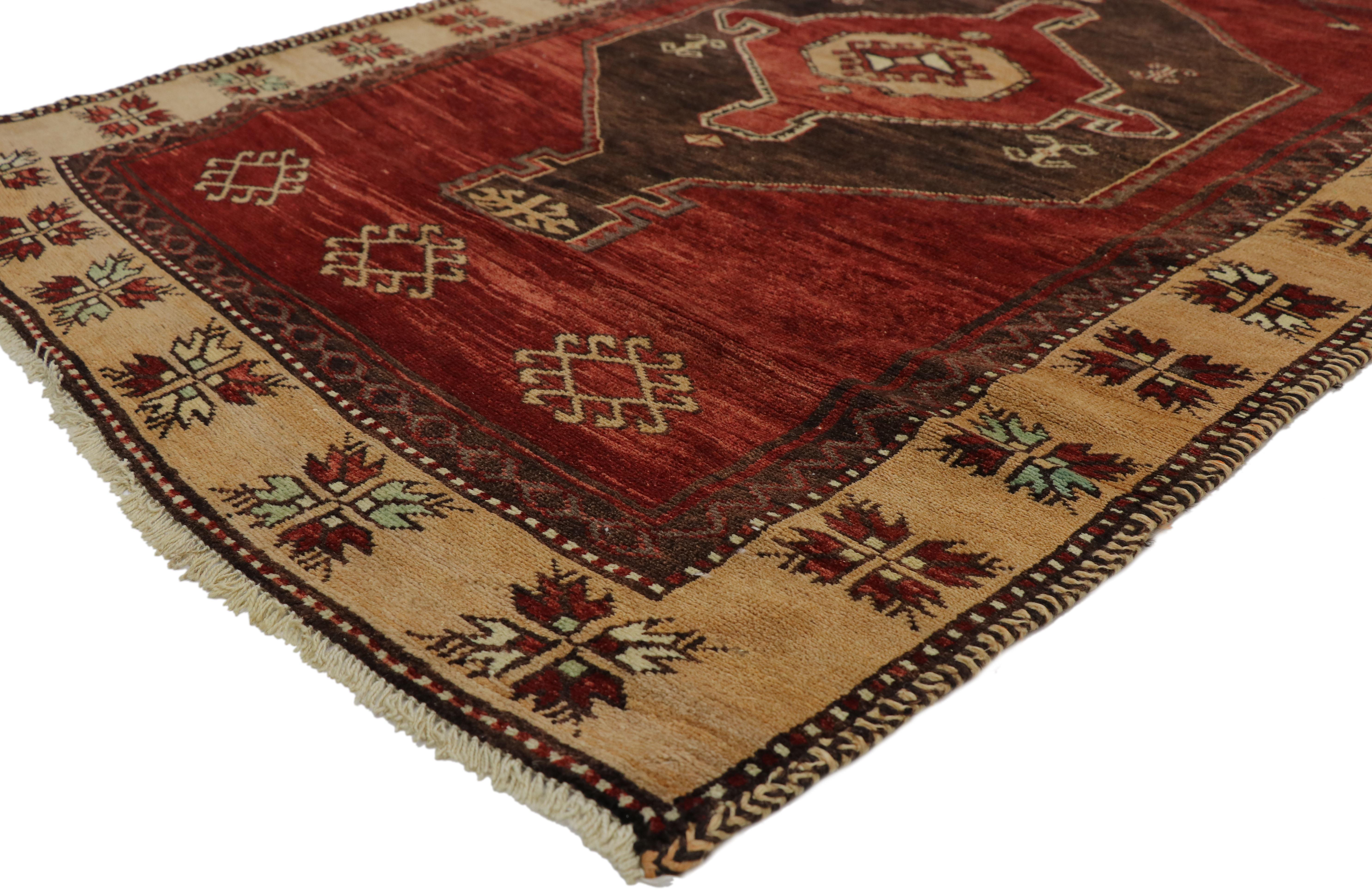 52141 Vintage Turkish Oushak Runner with Mid-Century Modern Style, Hallway Long Runner. This hand-knotted wool vintage Turkish Oushak runner with Mid-Century Modern style features four stacked hexagonal medallions surrounded by a spacious red field