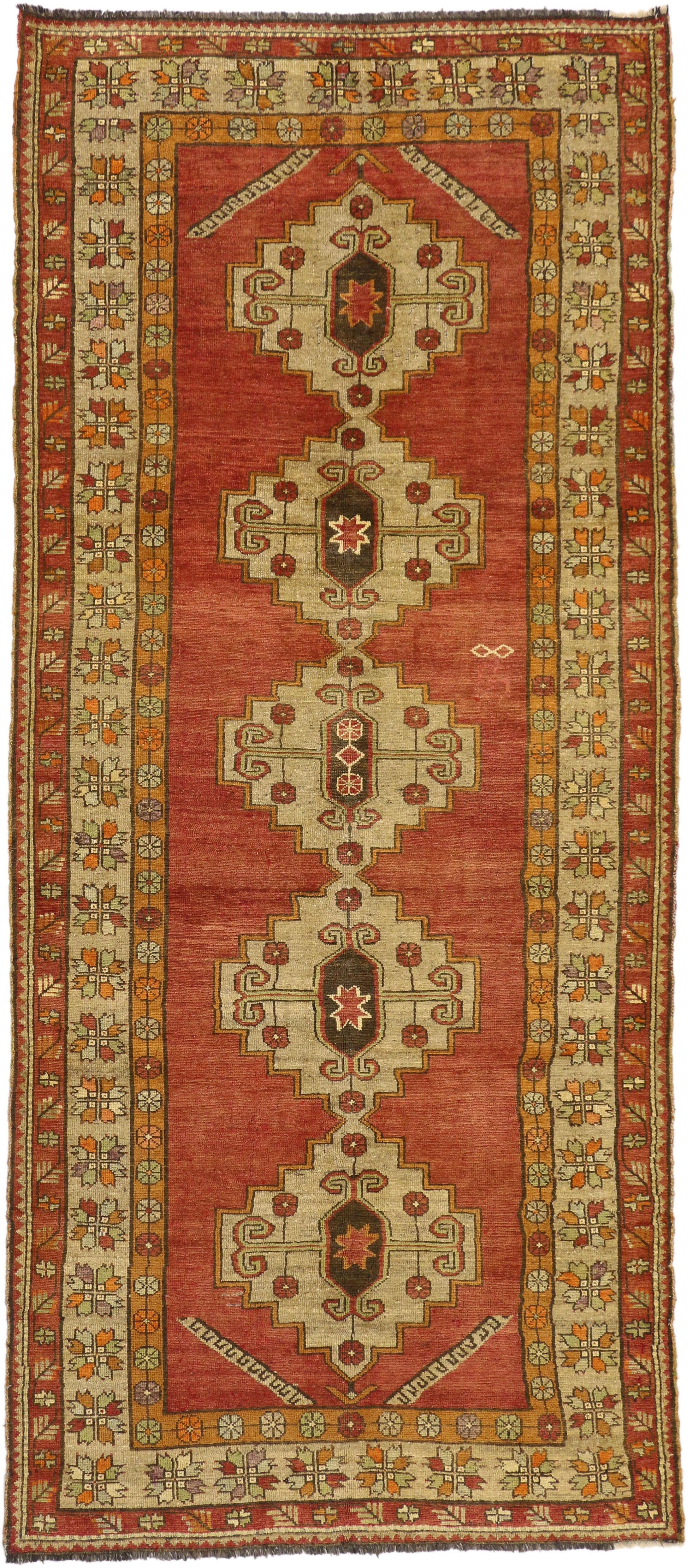 50468, vintage Turkish Oushak runner with Mid-Century Modern style, hallway runner. With its modern style and vibrant colors, this vintage Turkish Oushak wide hallway runner displays a stately presence. Along the center, well-balanced stepped