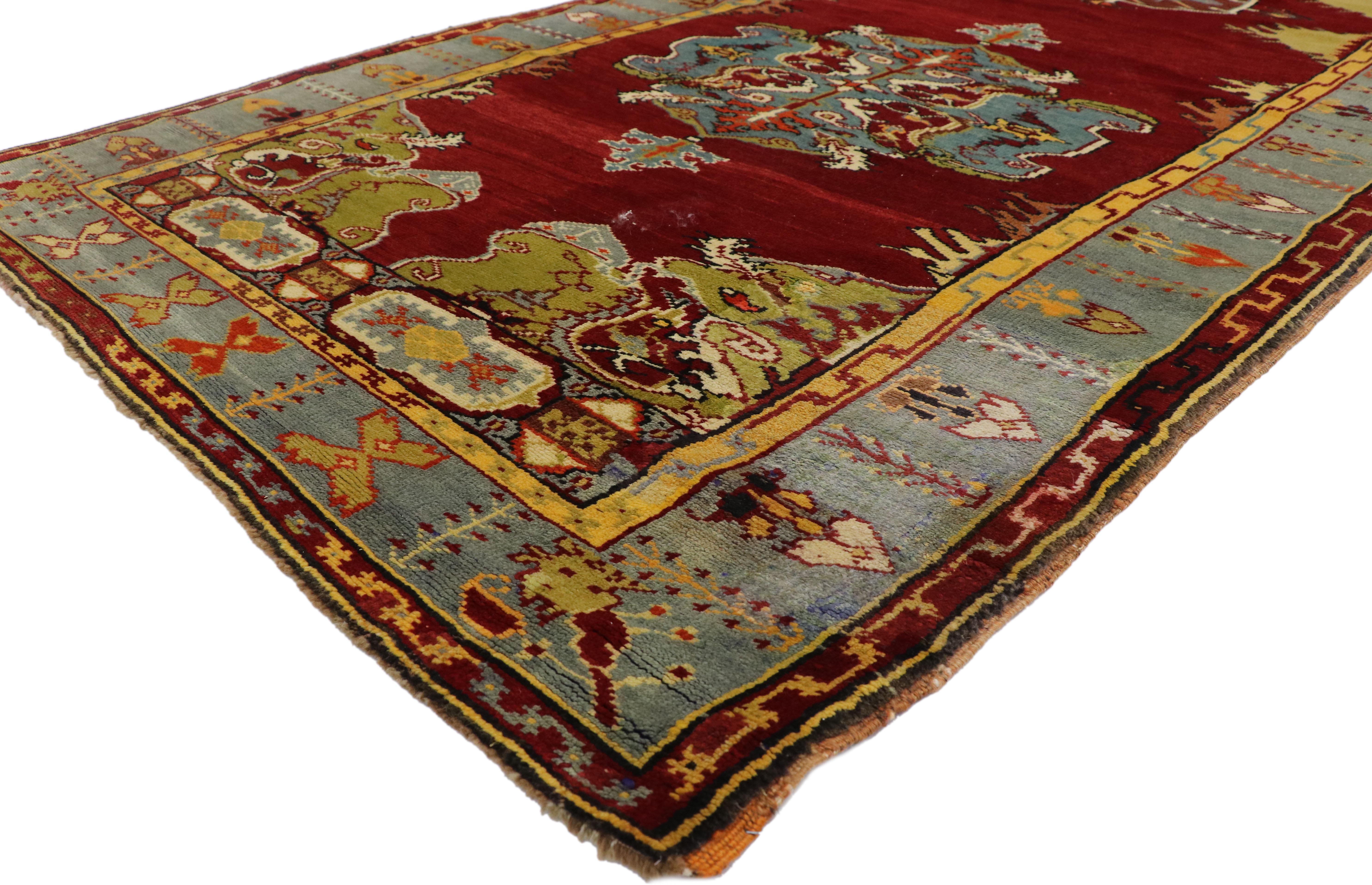 50587 Vintage Turkish Oushak Runner with Mid-Century Modern Style 04'02 x 12'00. With its rich detailing and vibrant colors, this hand-knotted wool vintage Turkish Oushak runner is easily integrated into modern spaces, contemporary decor and even
