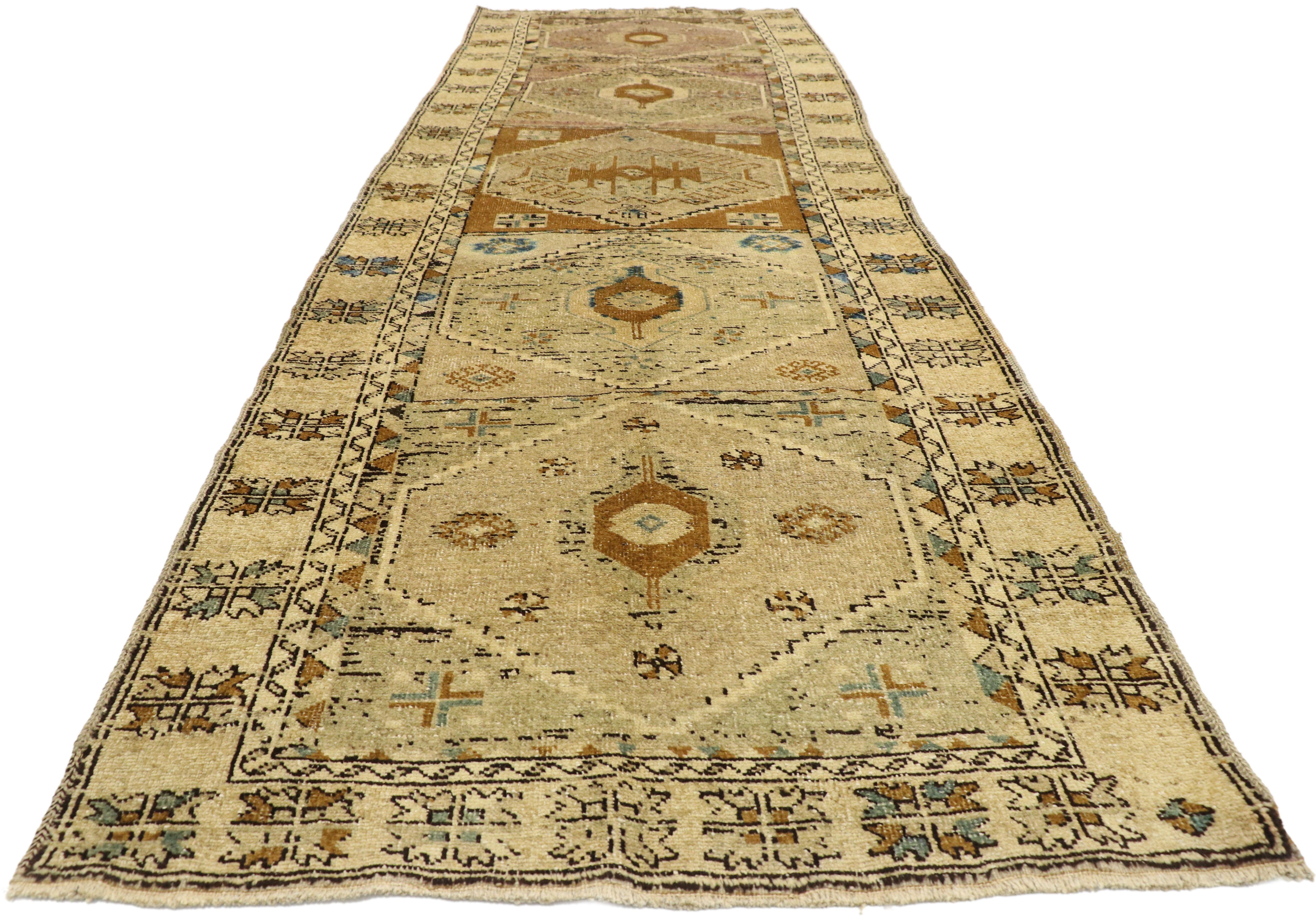 Hand-Knotted Vintage Turkish Oushak Runner with Mid-Century Modern Style, Hallway Runner For Sale