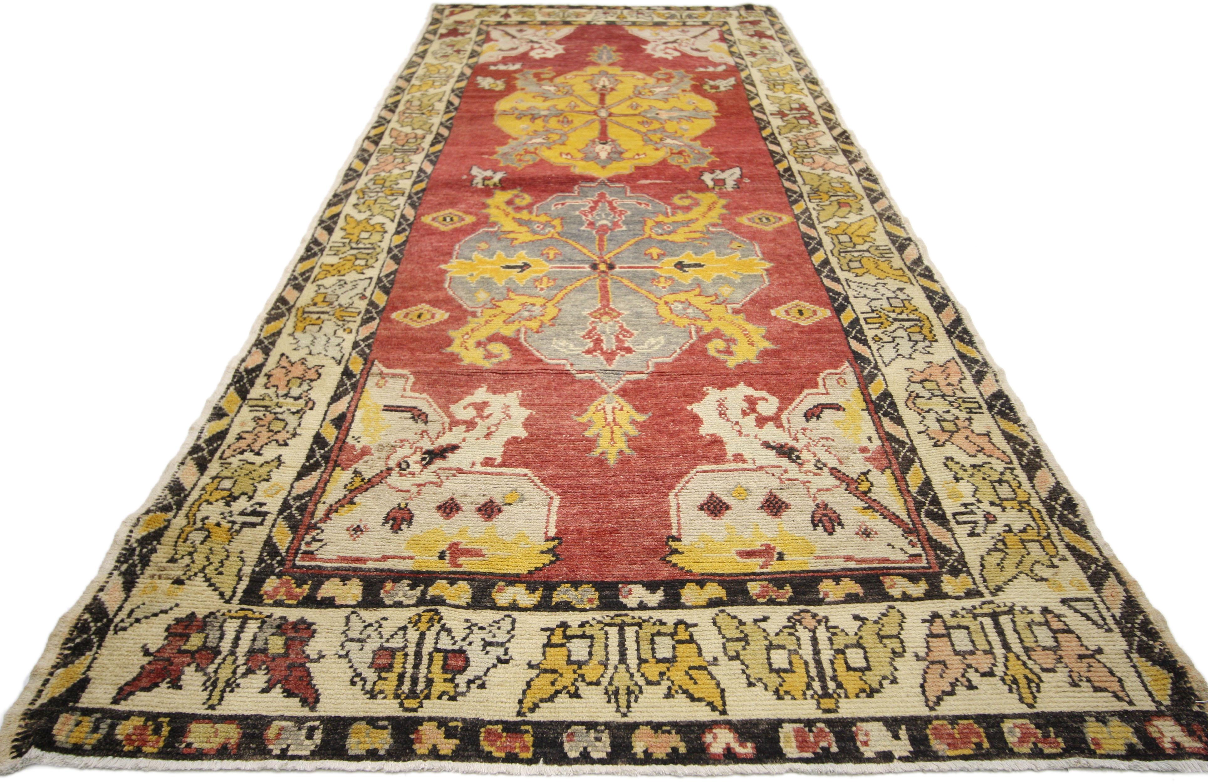 Hand-Knotted Vintage Turkish Oushak Runner with Mid-Century Modern Style, Hallway Runner For Sale