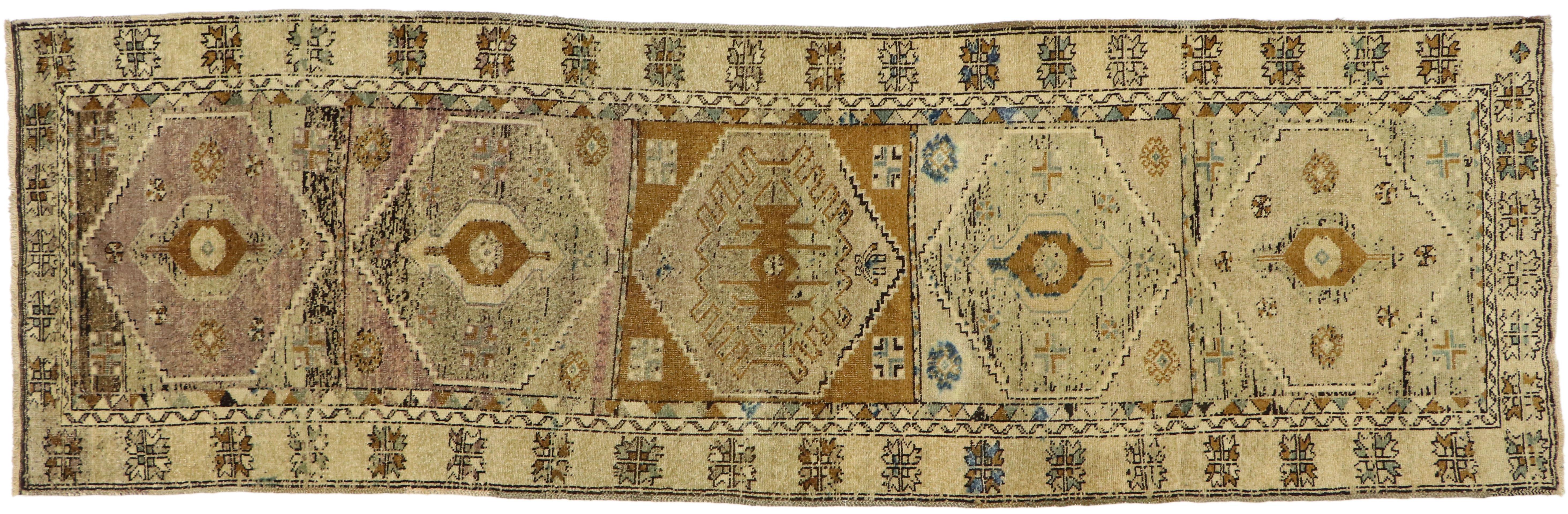 Vintage Turkish Oushak Runner with Mid-Century Modern Style, Hallway Runner For Sale 3