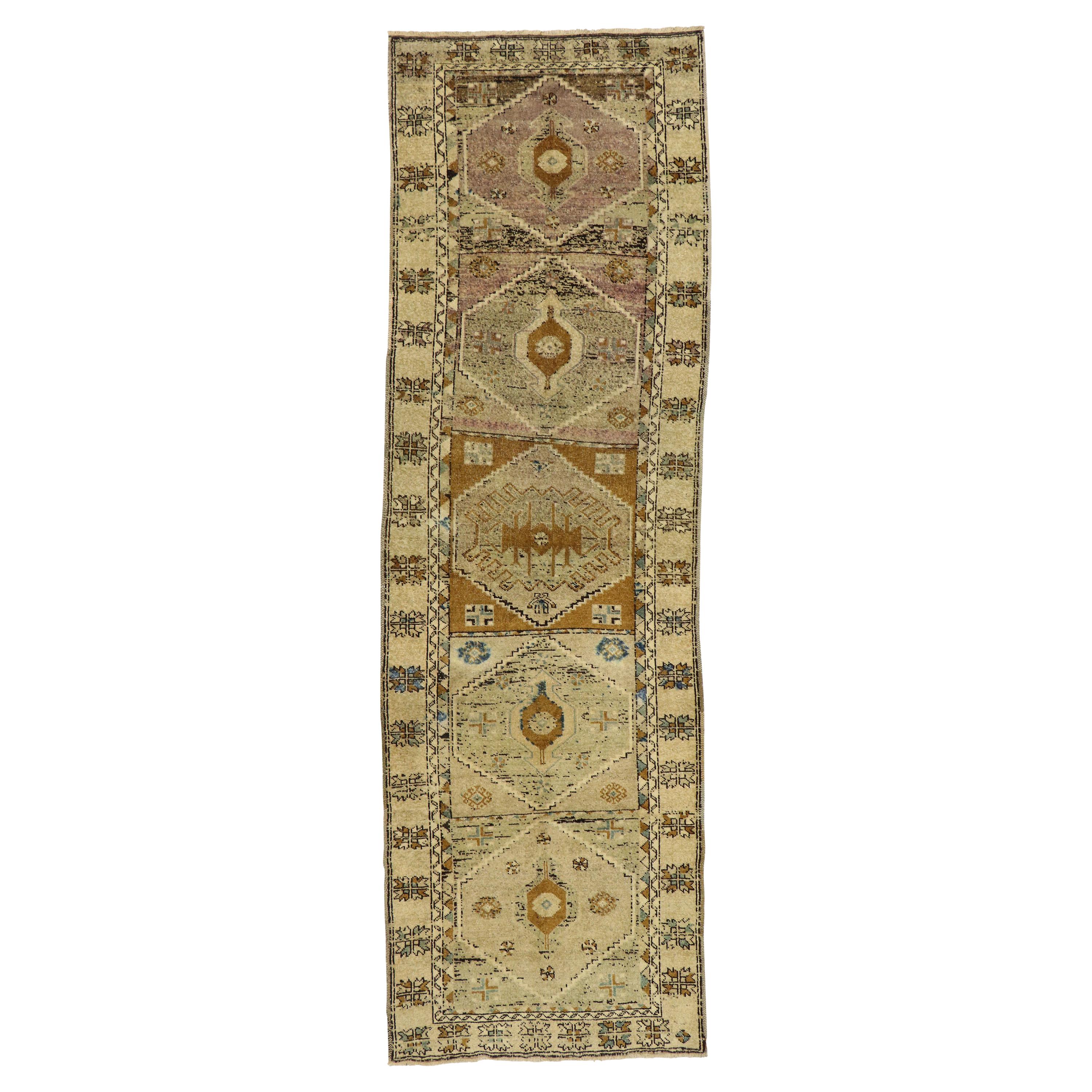 Vintage Turkish Oushak Runner with Mid-Century Modern Style, Hallway Runner