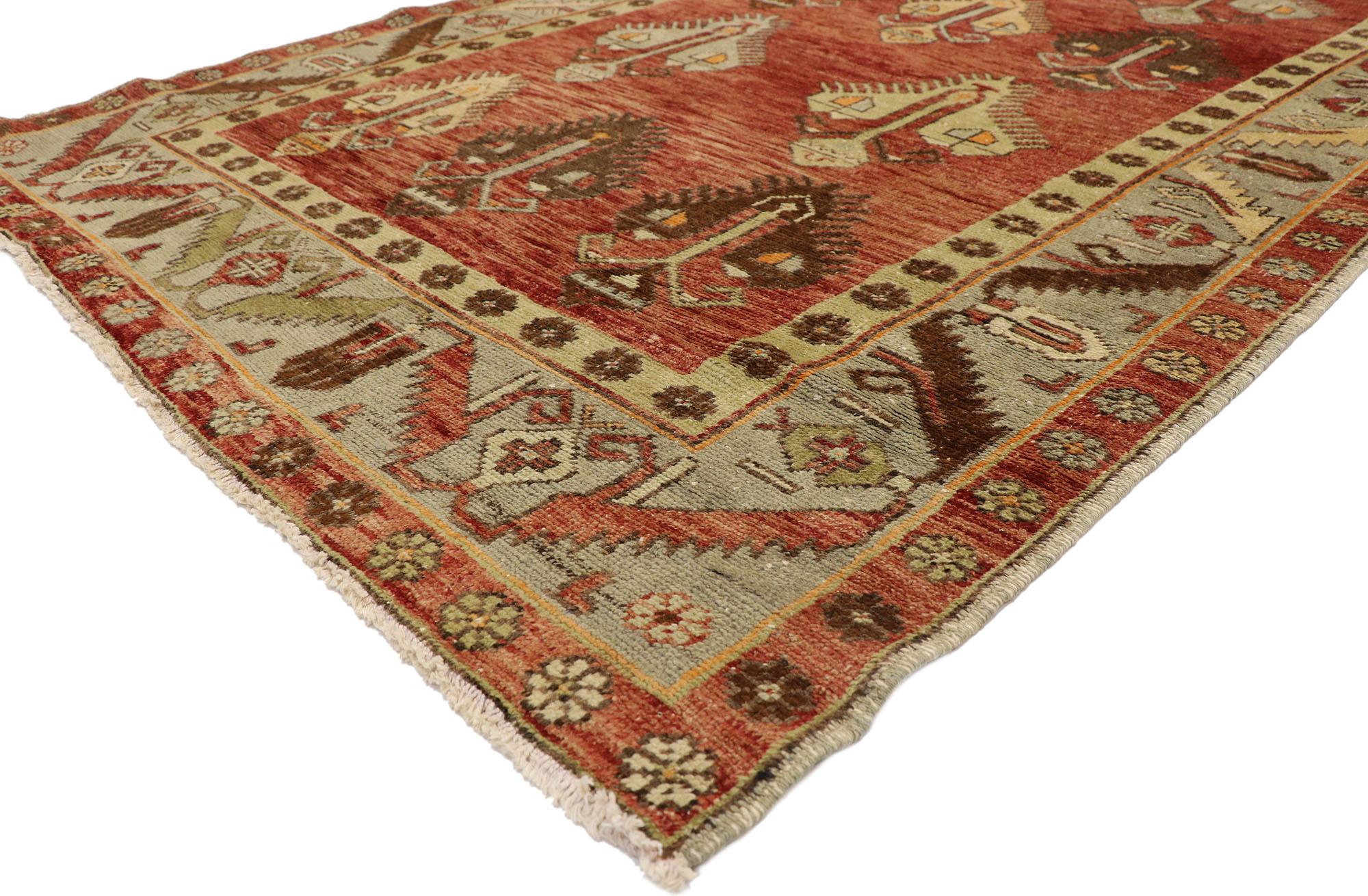 ?50915 Vintage Turkish Oushak runner with Mid-Century Modern style, extra-long hallway runner. With its bold geometric design and stately appeal, this hand-knotted wool vintage Turkish Oushak runner beautifully embodies Mid-Century Modern style. It