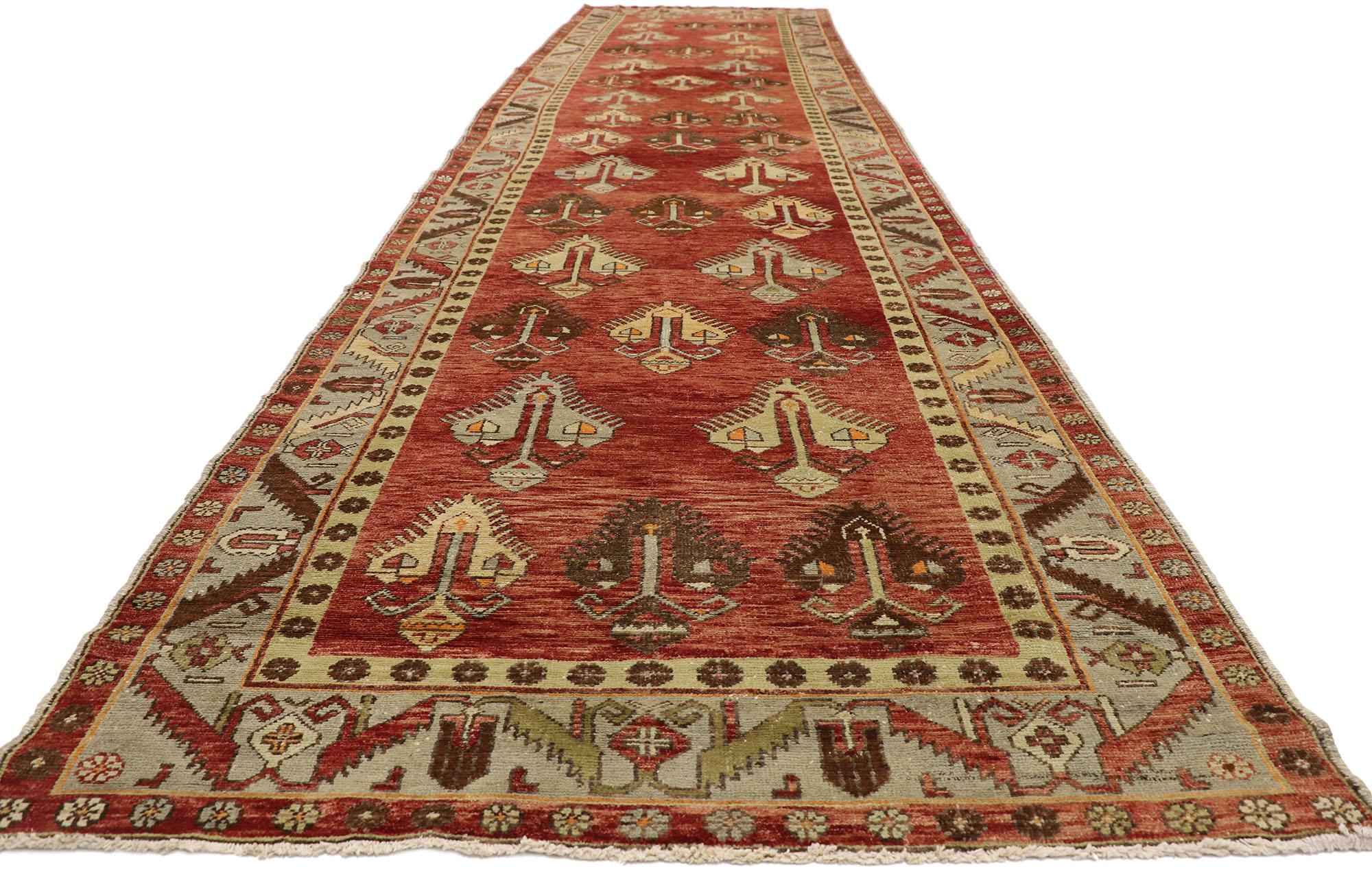 Hand-Knotted Vintage Turkish Oushak Runner with Mid-Century Modern Style, Long Hallway Runner For Sale
