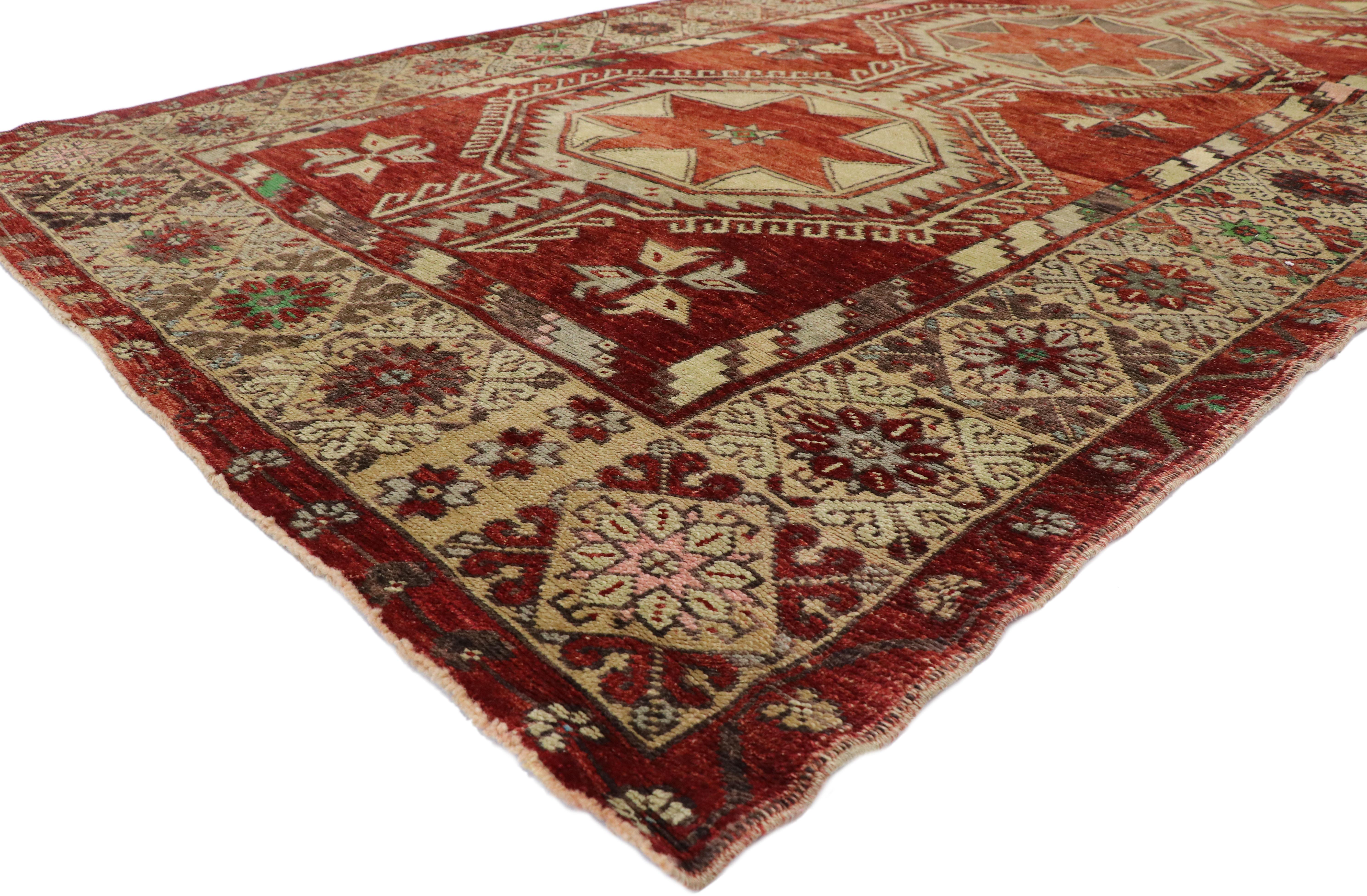 Hand-Knotted Vintage Turkish Oushak Gallery Rug with Mid-Century Modern Style, Hallway Runner For Sale