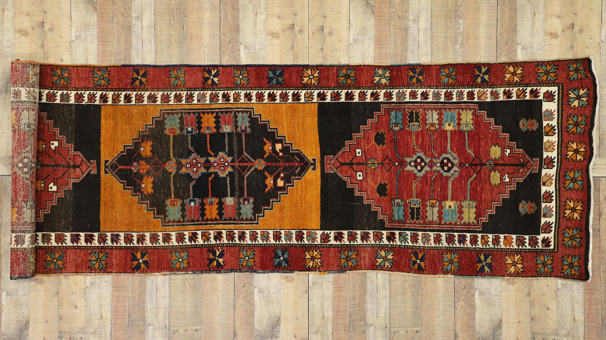Vintage Turkish Oushak Runner with Mid-Century Modern Tribal Style For Sale 4