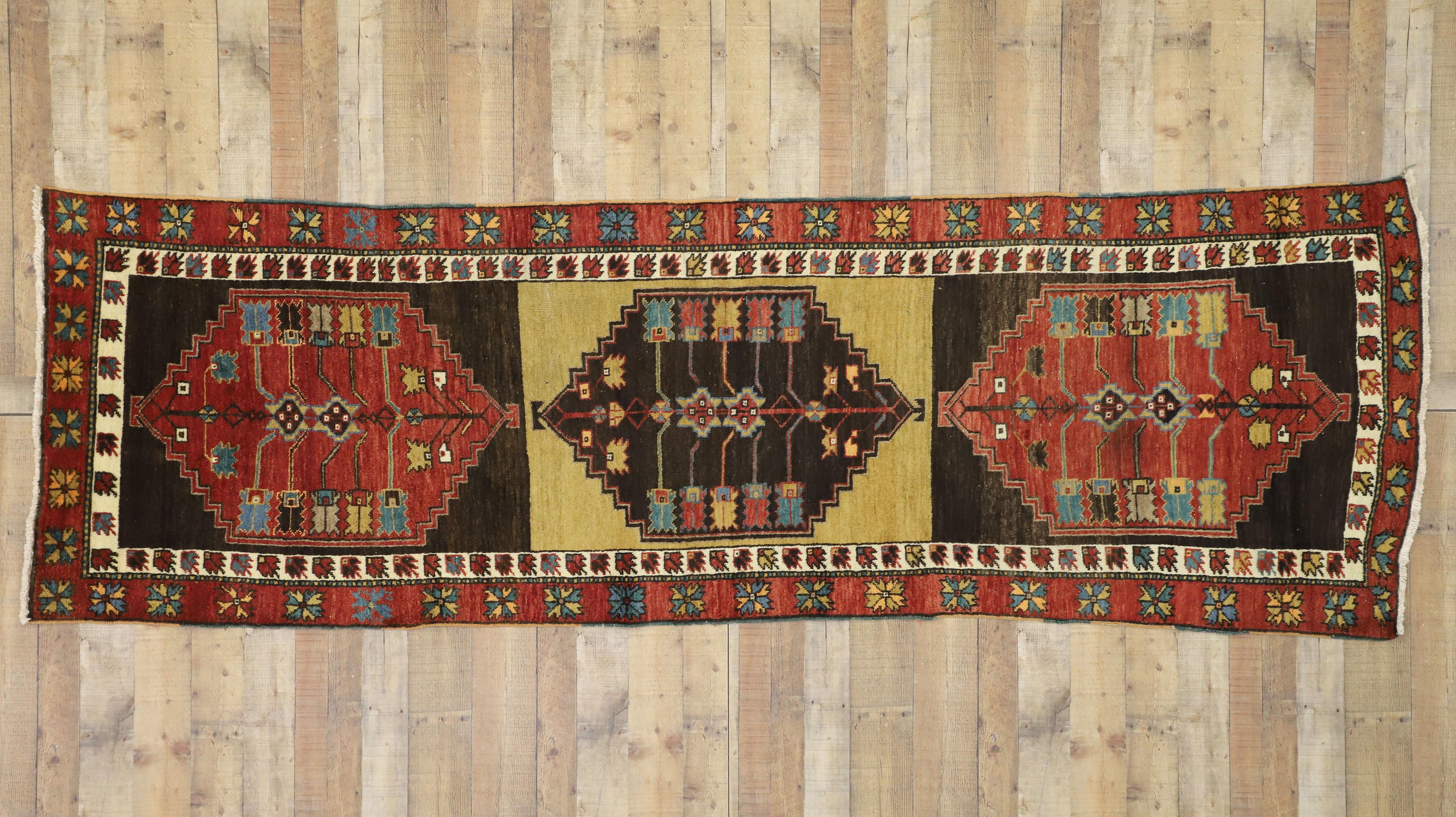 Vintage Turkish Oushak Runner with Mid-Century Modern Tribal Style For Sale 4