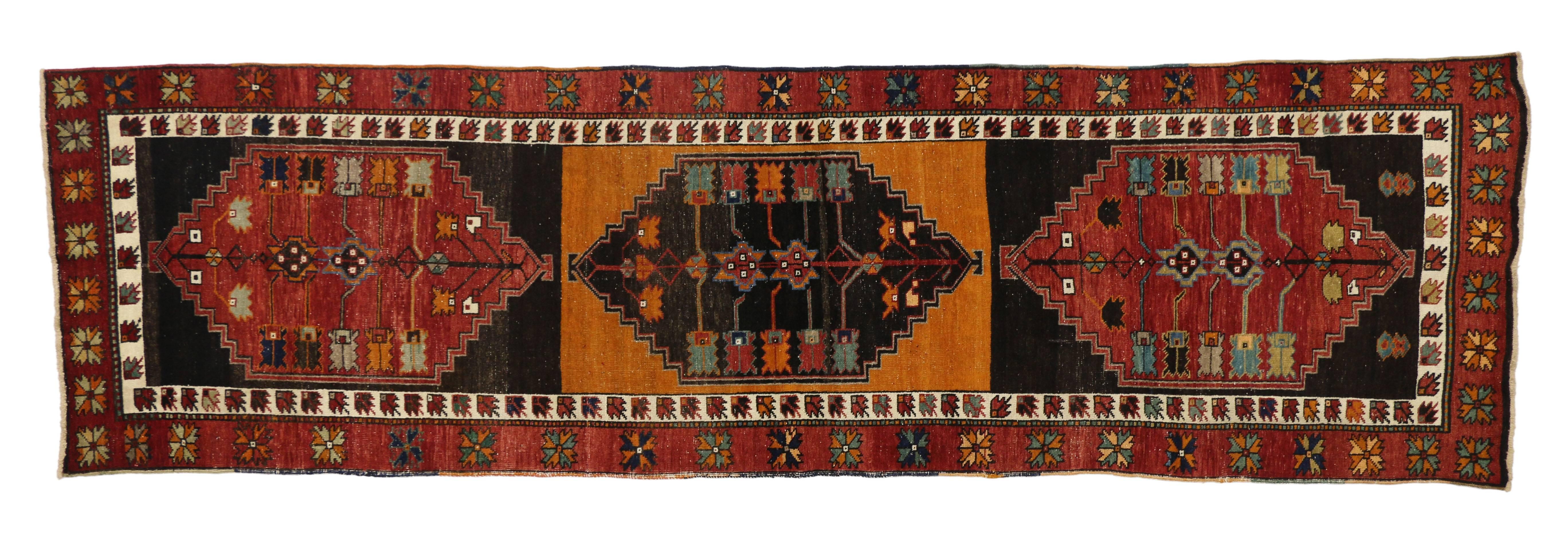 Vintage Turkish Oushak Runner with Mid-Century Modern Tribal Style For Sale 5