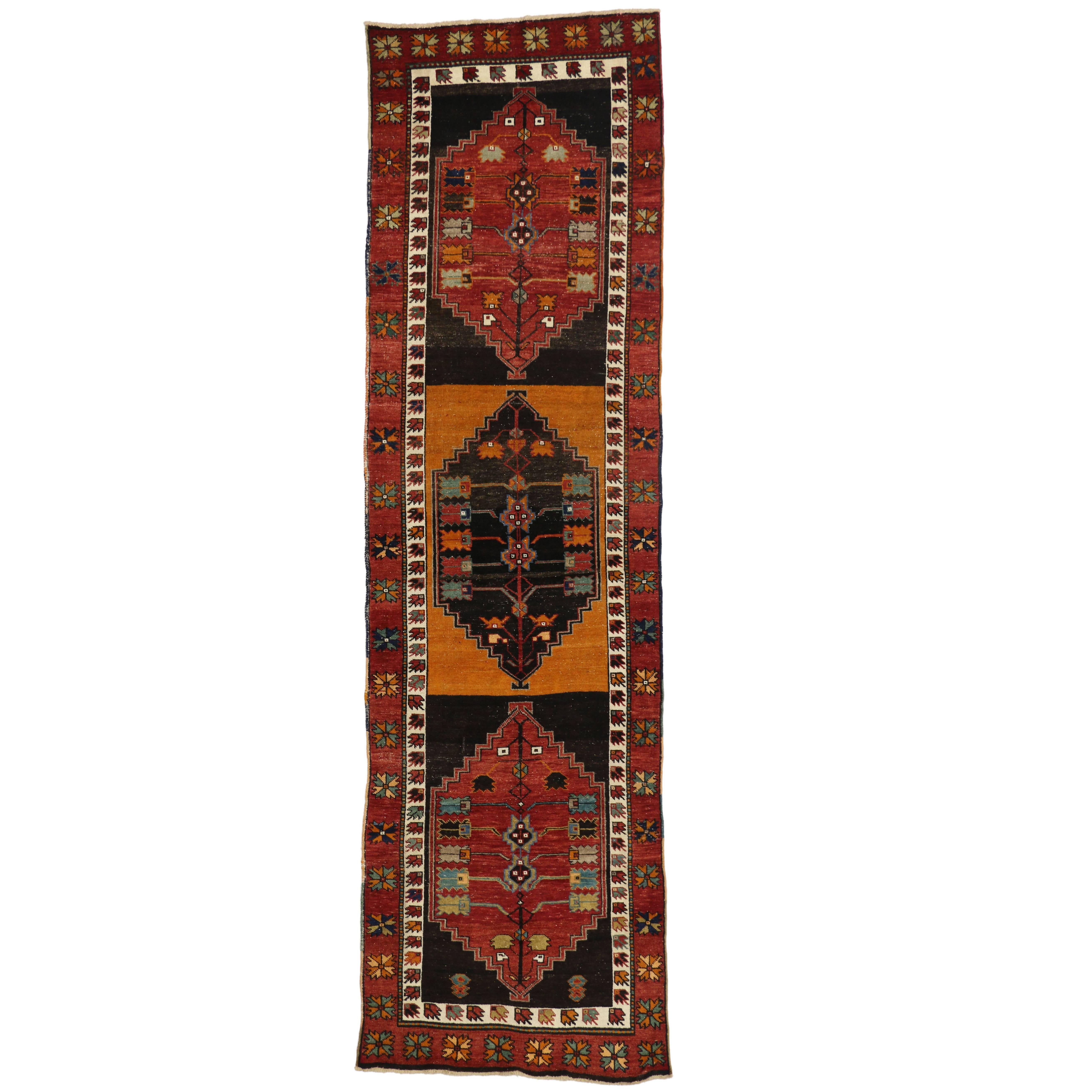 Vintage Turkish Oushak Runner with Mid-Century Modern Tribal Style For Sale 6