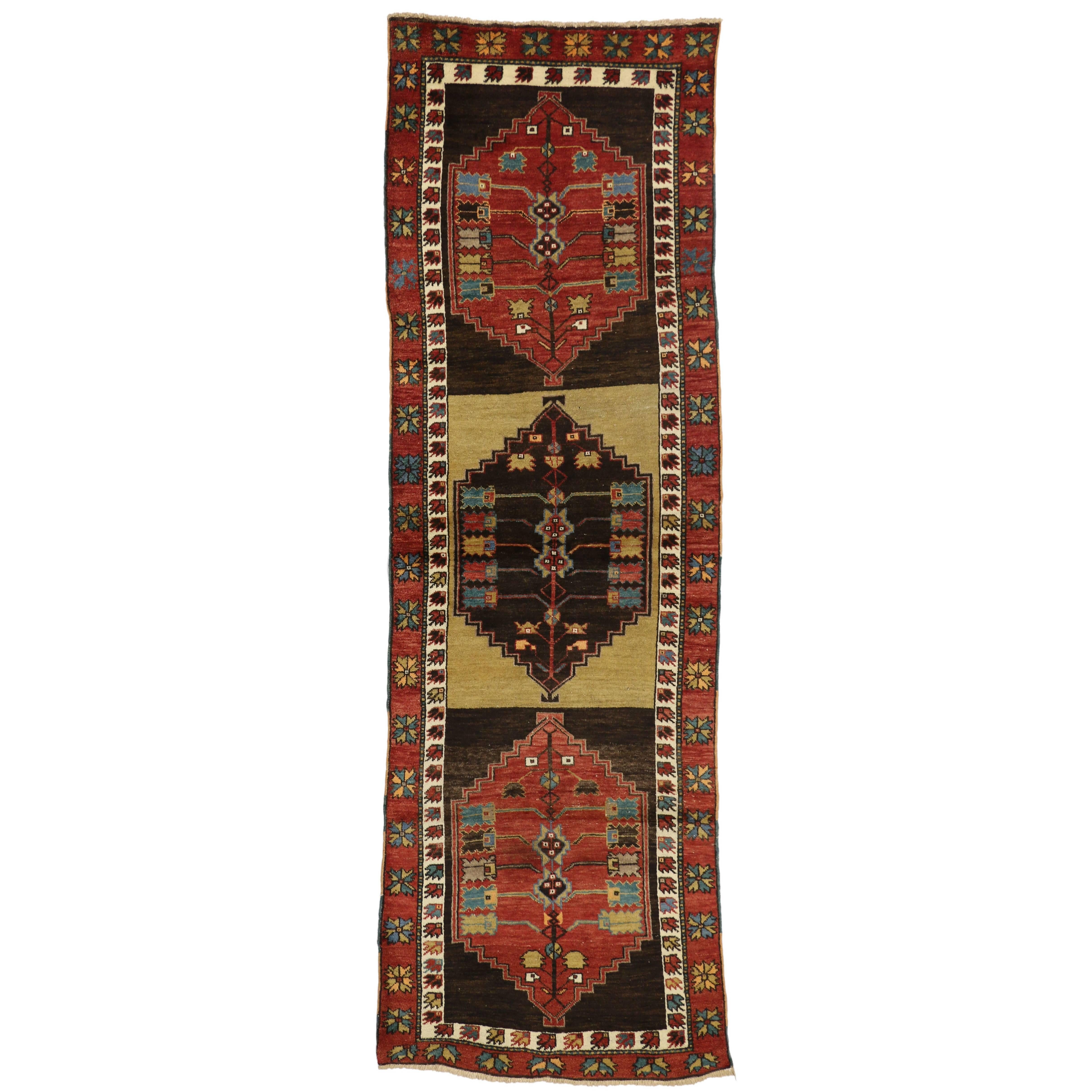 Vintage Turkish Oushak Runner with Mid-Century Modern Tribal Style For Sale 6