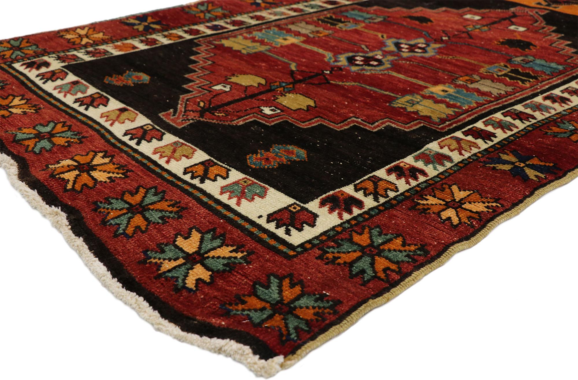 52145 vintage Turkish Oushak runner with Mid-Century Modern Tribal. This hand knotted wool vintage Turkish Oushak runner with Modern Tribal style features three hexagonal medallions with serrated edges in an abrash field surrounded by a geometric