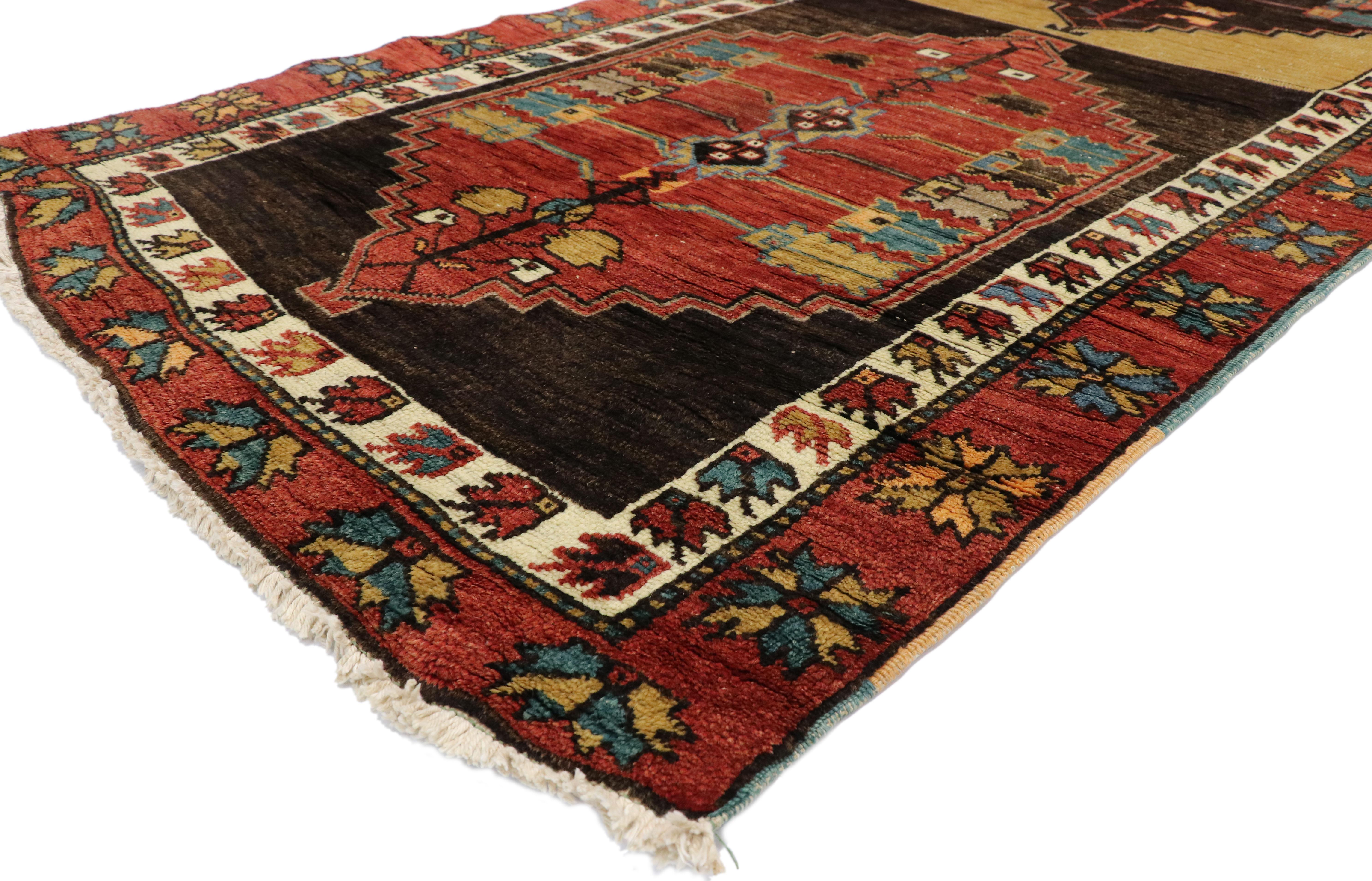 52146, vintage Turkish Oushak runner with Mid-Century Modern Tribal. This hand knotted wool vintage Turkish Oushak runner with Modern Tribal style features three hexagonal medallions with serrated edges in an abrash field surrounded by a geometric